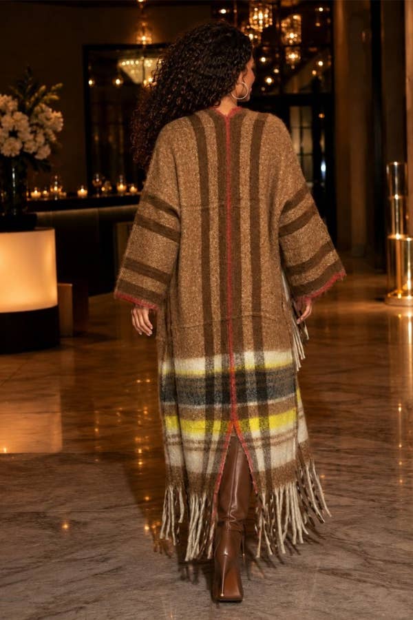 Plaid Fringe Longline Cardigan