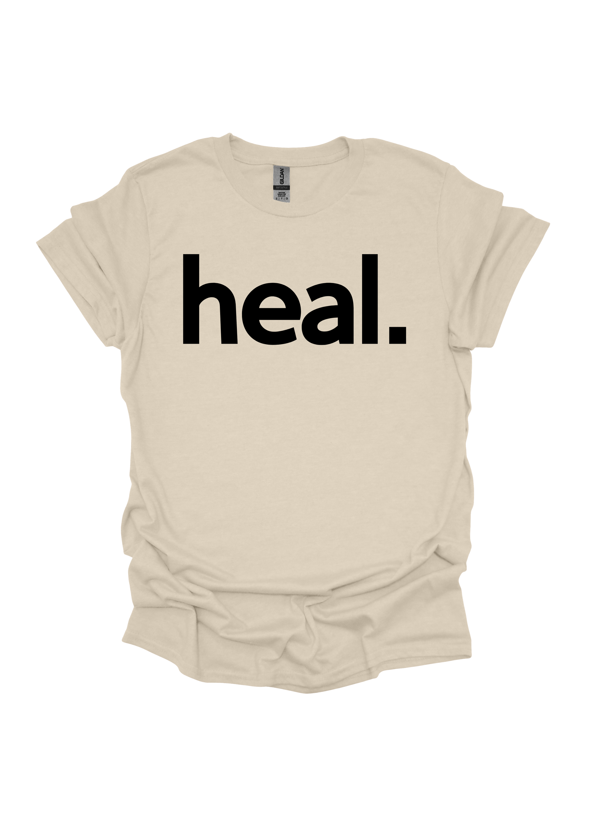 Sand t-shirt with 'heal.' text on a white background