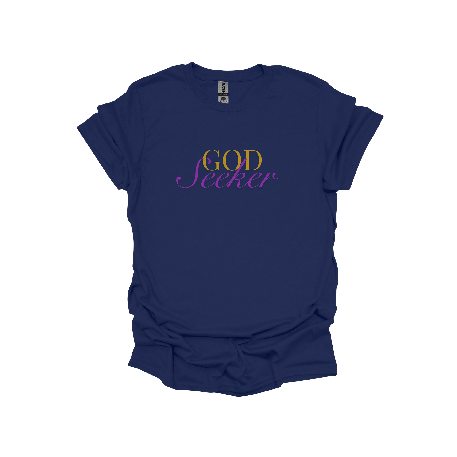 Navy blue t-shirt with 'GOD Seeker' text on a white background