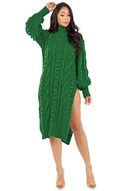 Emerald Green Cable Knit Midi Sweater Dress