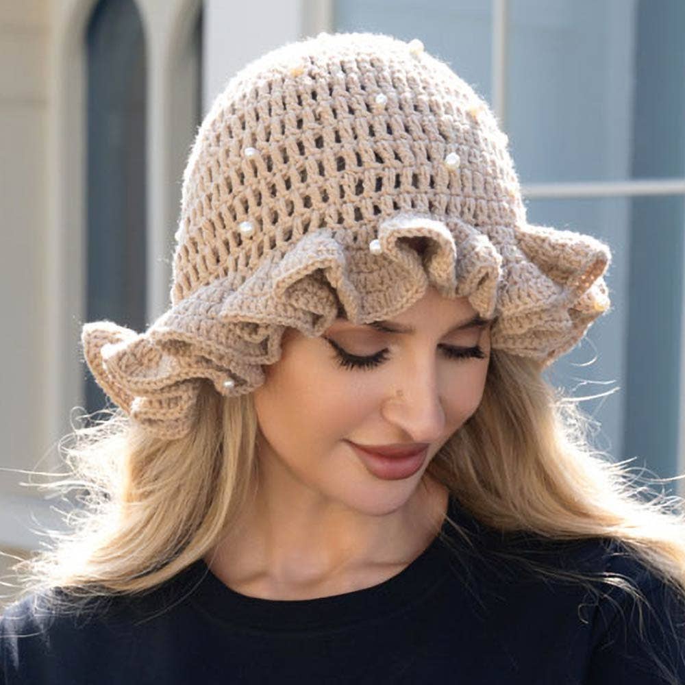 Pearl Embellished Chunky Crochet Bucket Hat