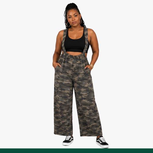 French Terry Camouflage Wide Leg Suspender Jumpsuit