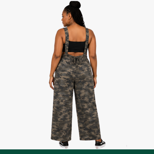 French Terry Camouflage Wide Leg Suspender Jumpsuit