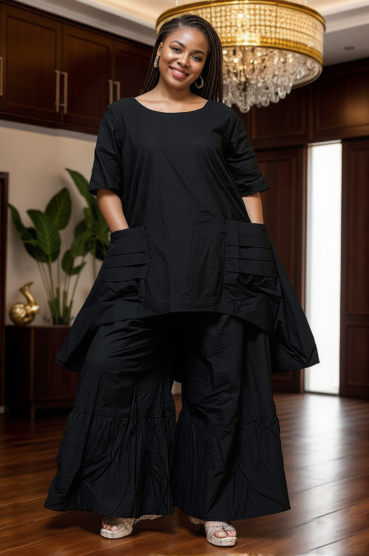 Black High-Low Pocket Top & Wide-Leg Pants Set