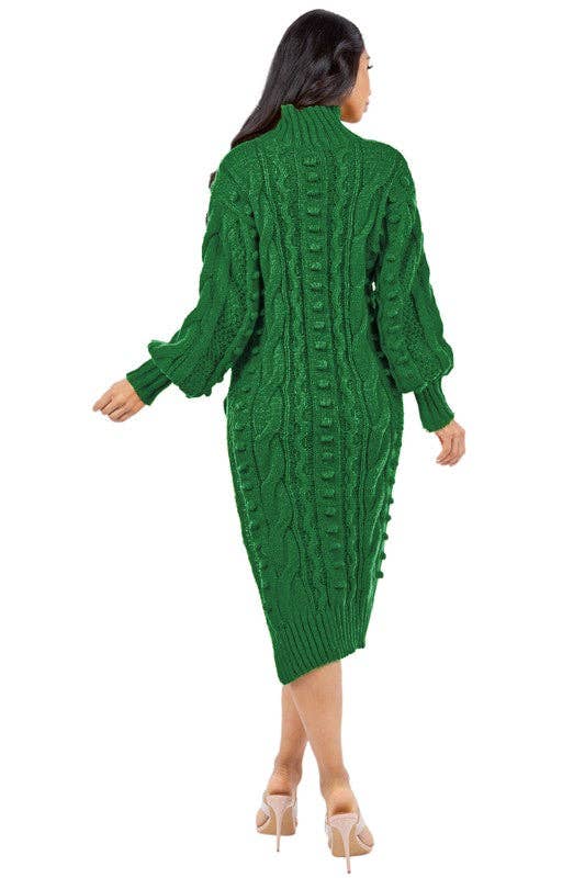 Emerald Green Cable Knit Midi Sweater Dress