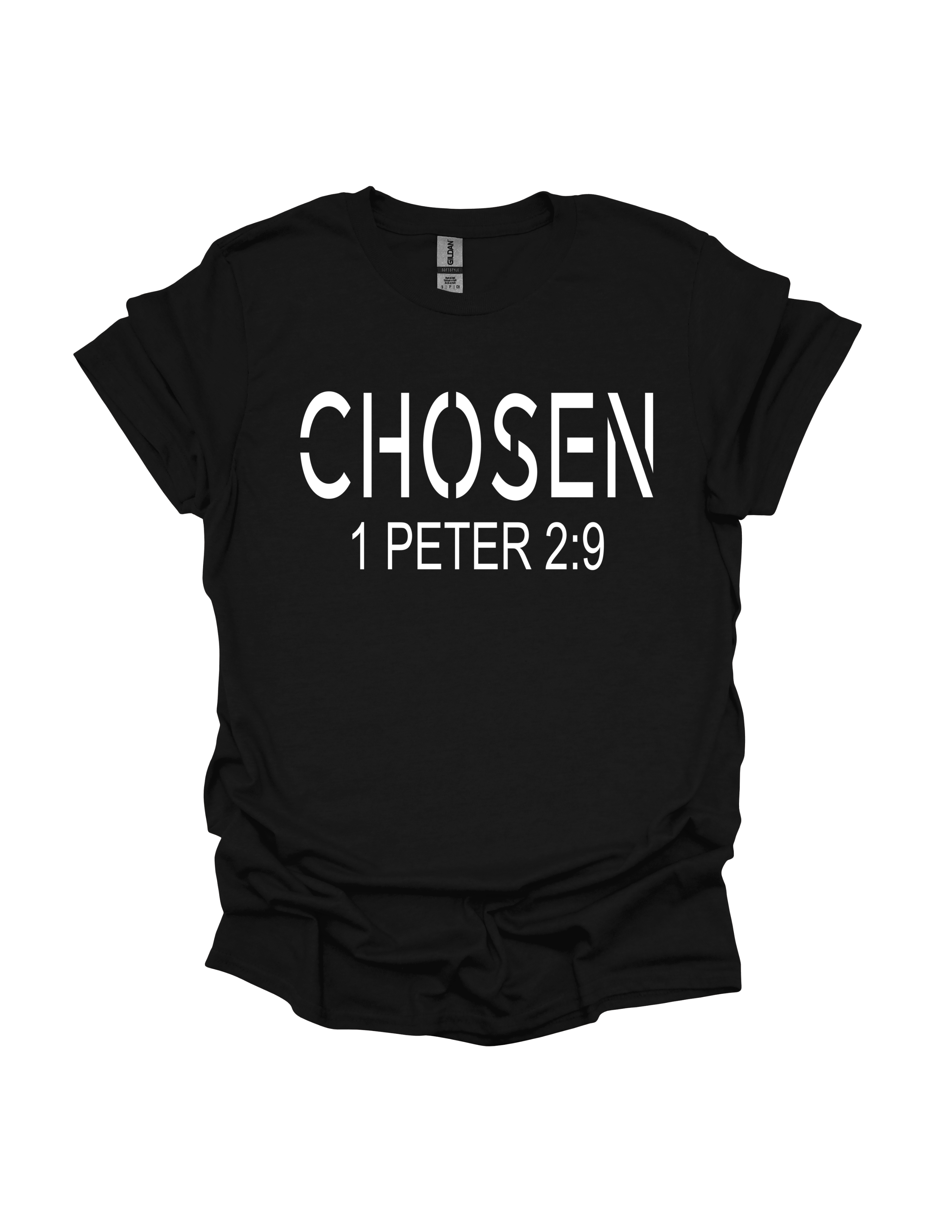 Chosen 1 Peter 2:9 Christian t-shirt in black with white text - faith-based inspirational apparel