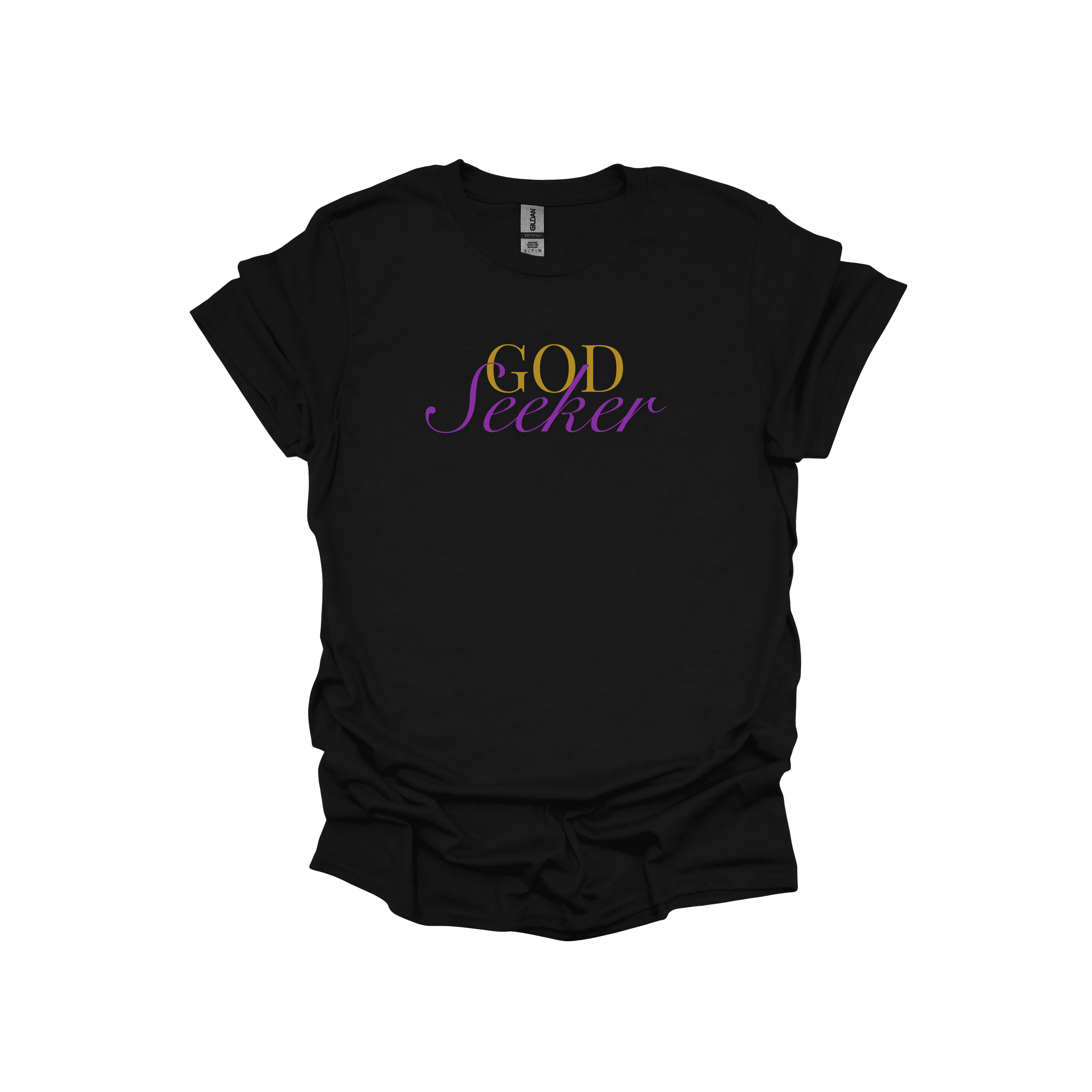 Black t-shirt with 'GOD Seeker' text on a white background
