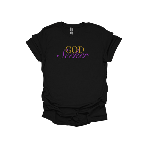 Black t-shirt with 'GOD Seeker' text on a white background