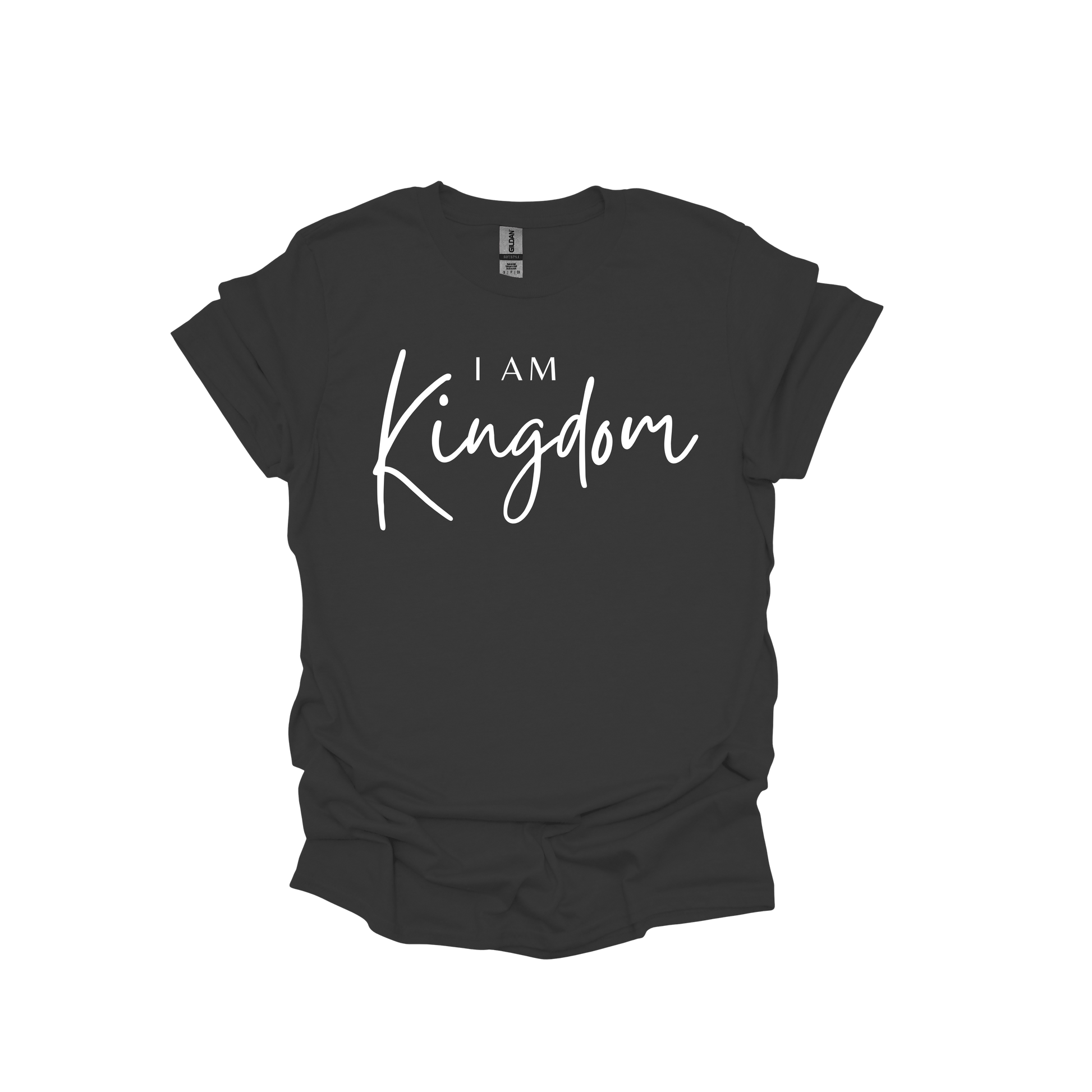 Black t-shirt with 'I AM Kingdom' text on a white background