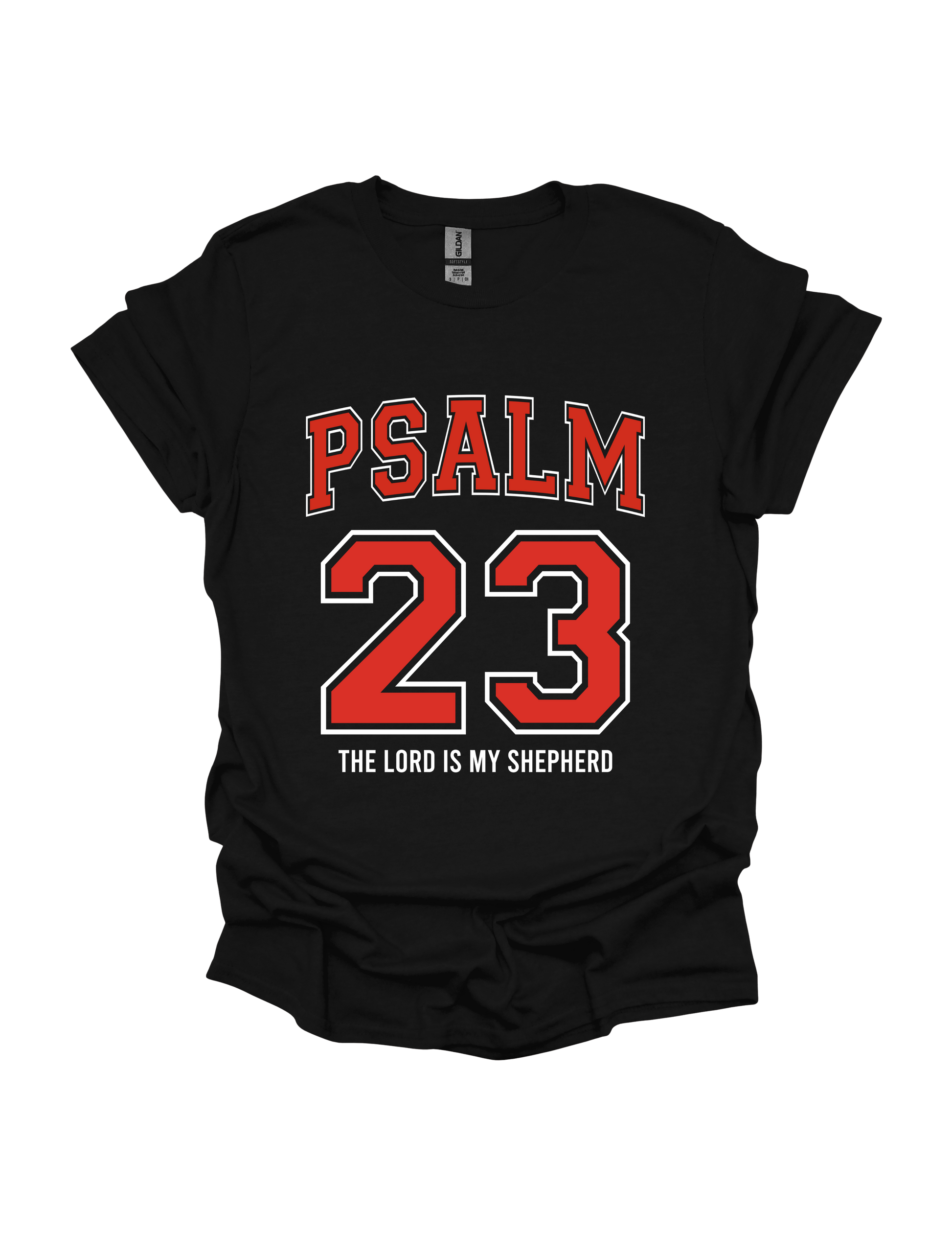 Black t-shirt with red text 'PSALM 23 The Lord is my Shepherd' on a white background