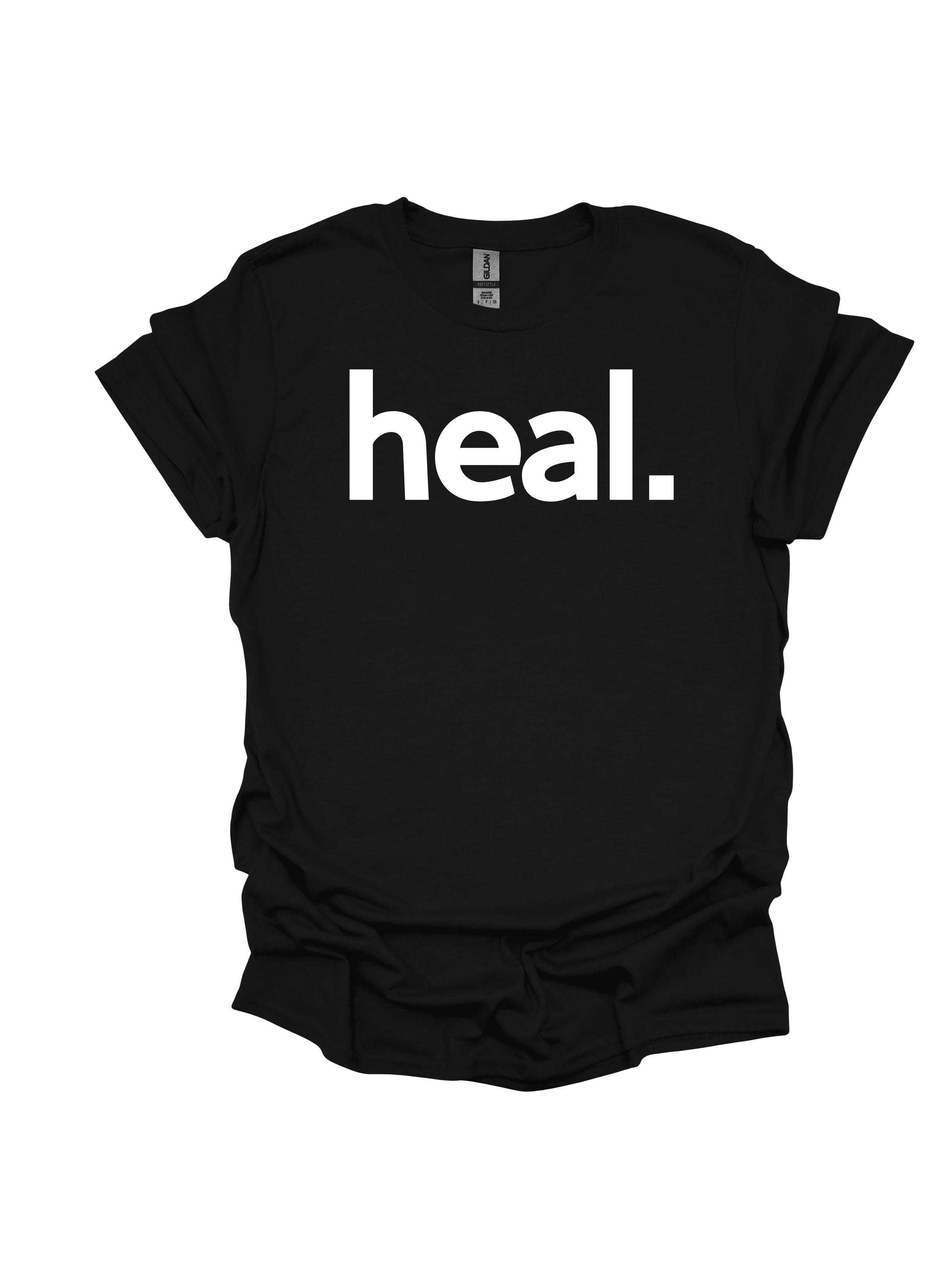 Black t-shirt with 'heal.' text on a white background