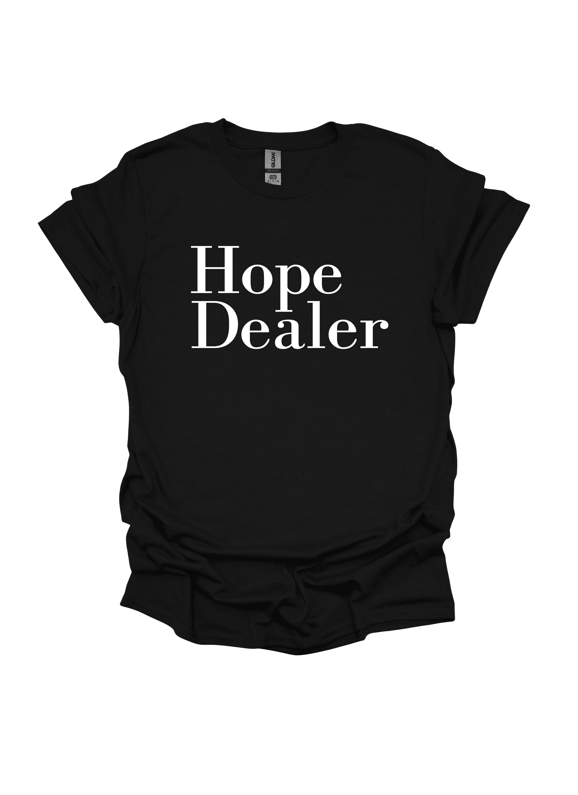 Black t-shirt with 'Hope Dealer' text on a transparent background