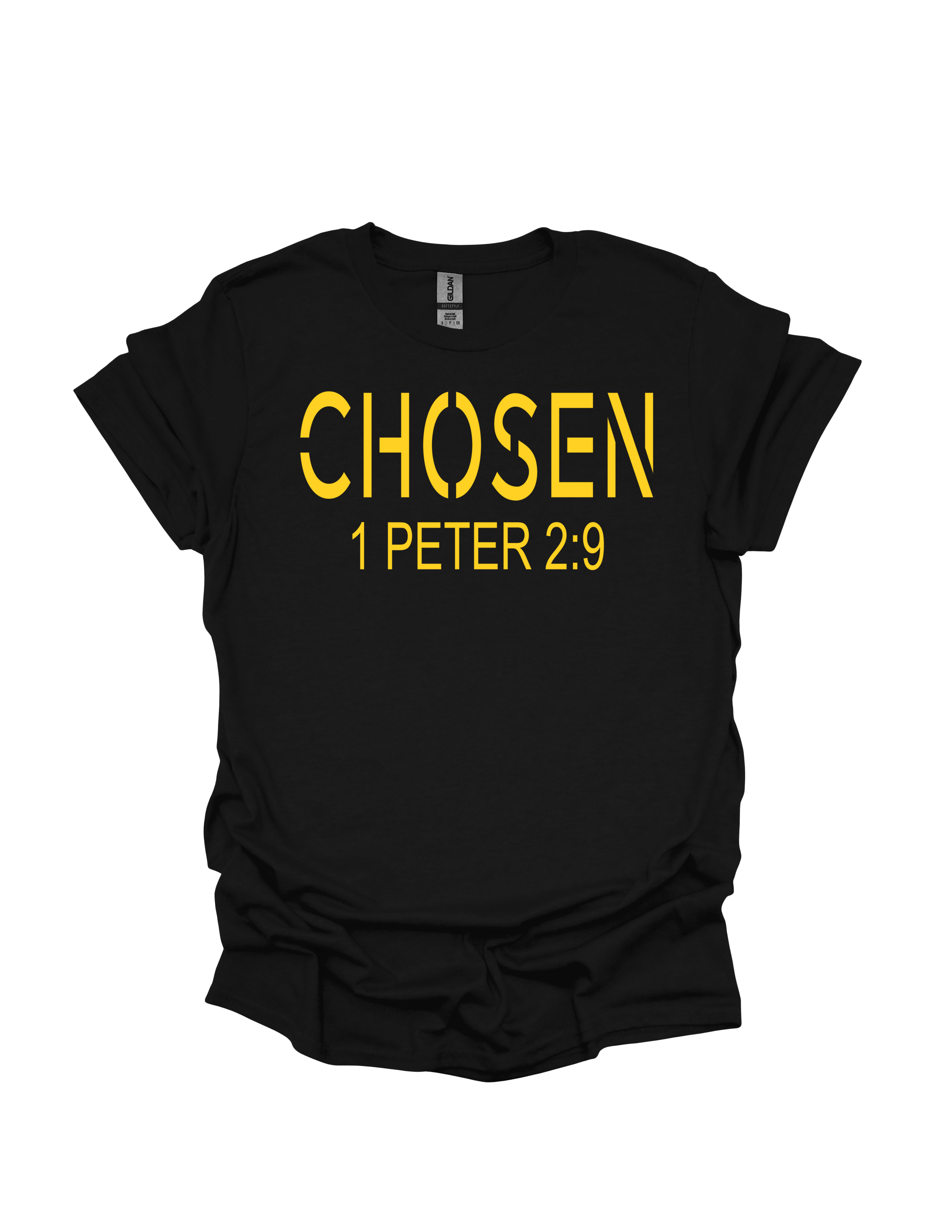 Black t-shirt with yellow text 'CHosen 1 Peter 2:9' on a white background
