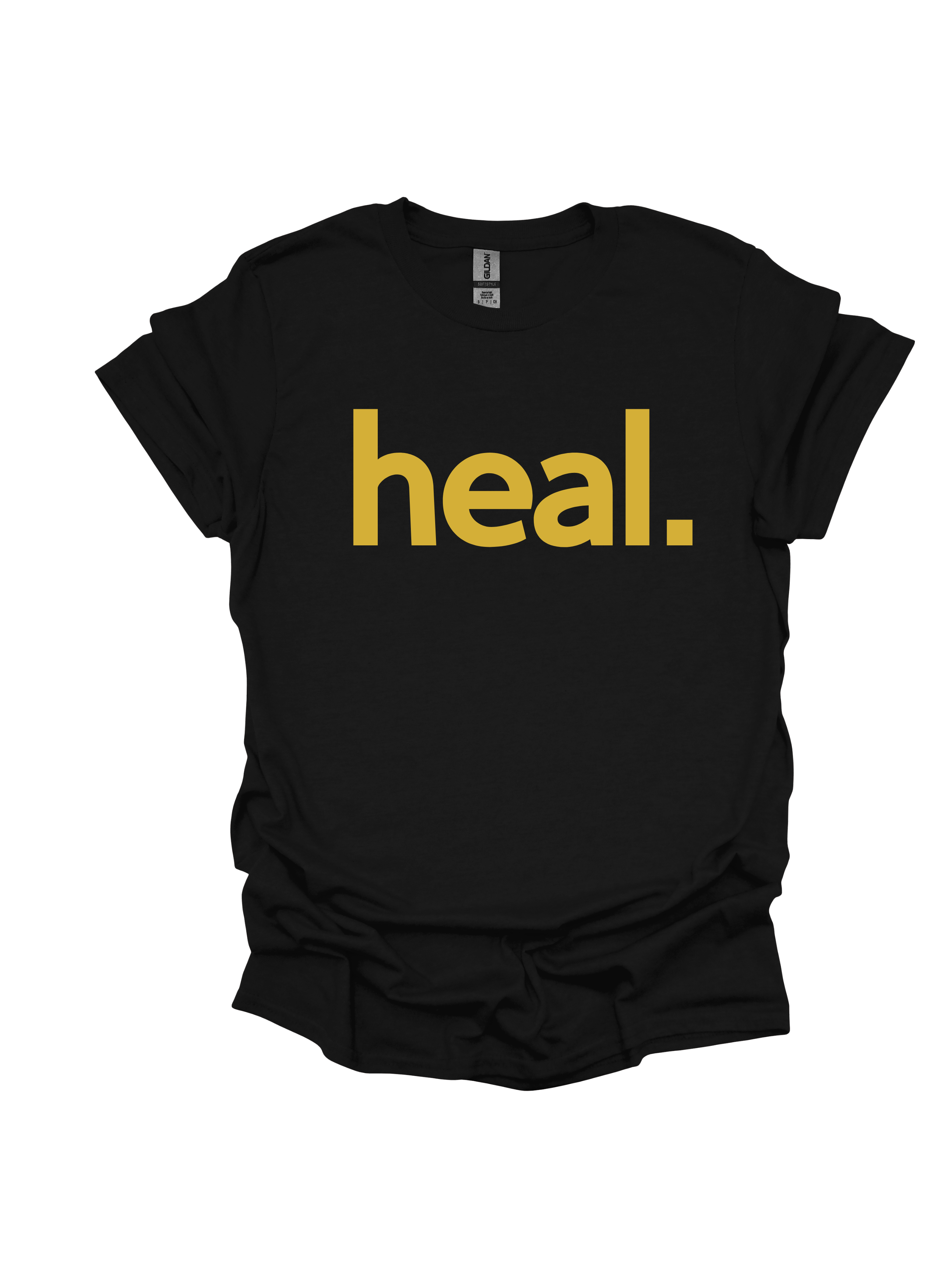 Black t-shirt with 'heal.' in yellow on a white background