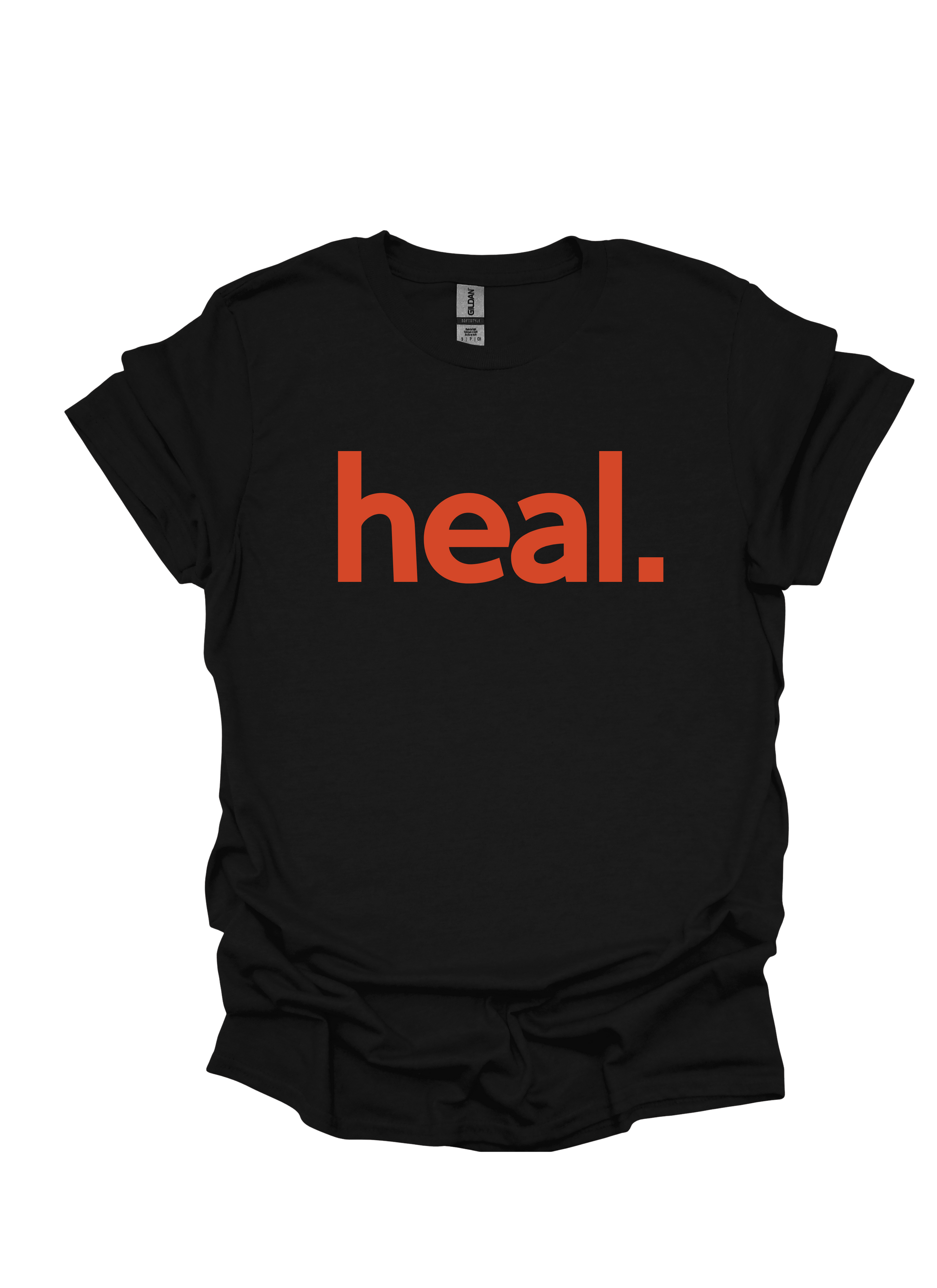 Black t-shirt with 'heal.' in orange on a white background