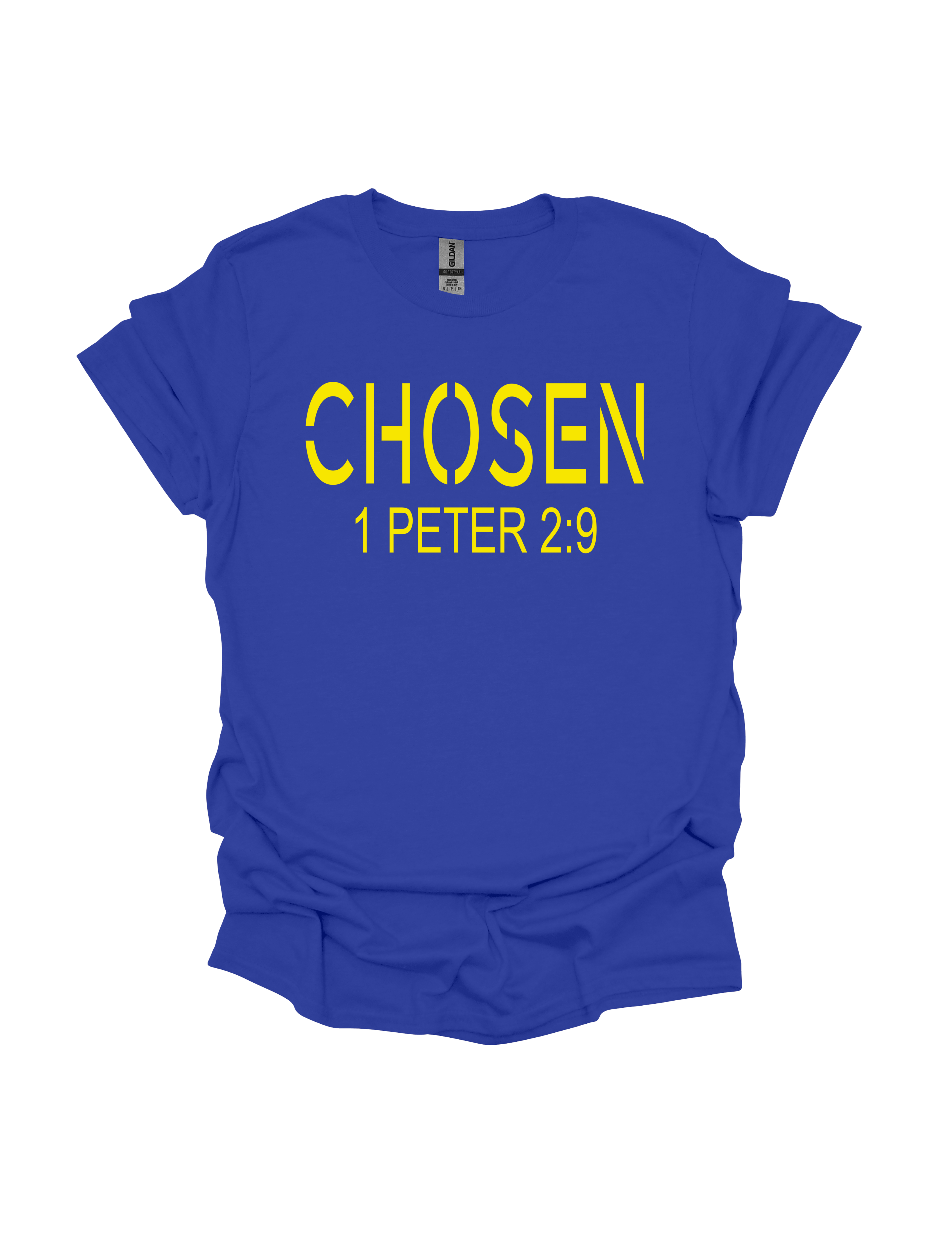 Blue t-shirt with yellow text 'CHosen 1 Peter 2:9' on a white background