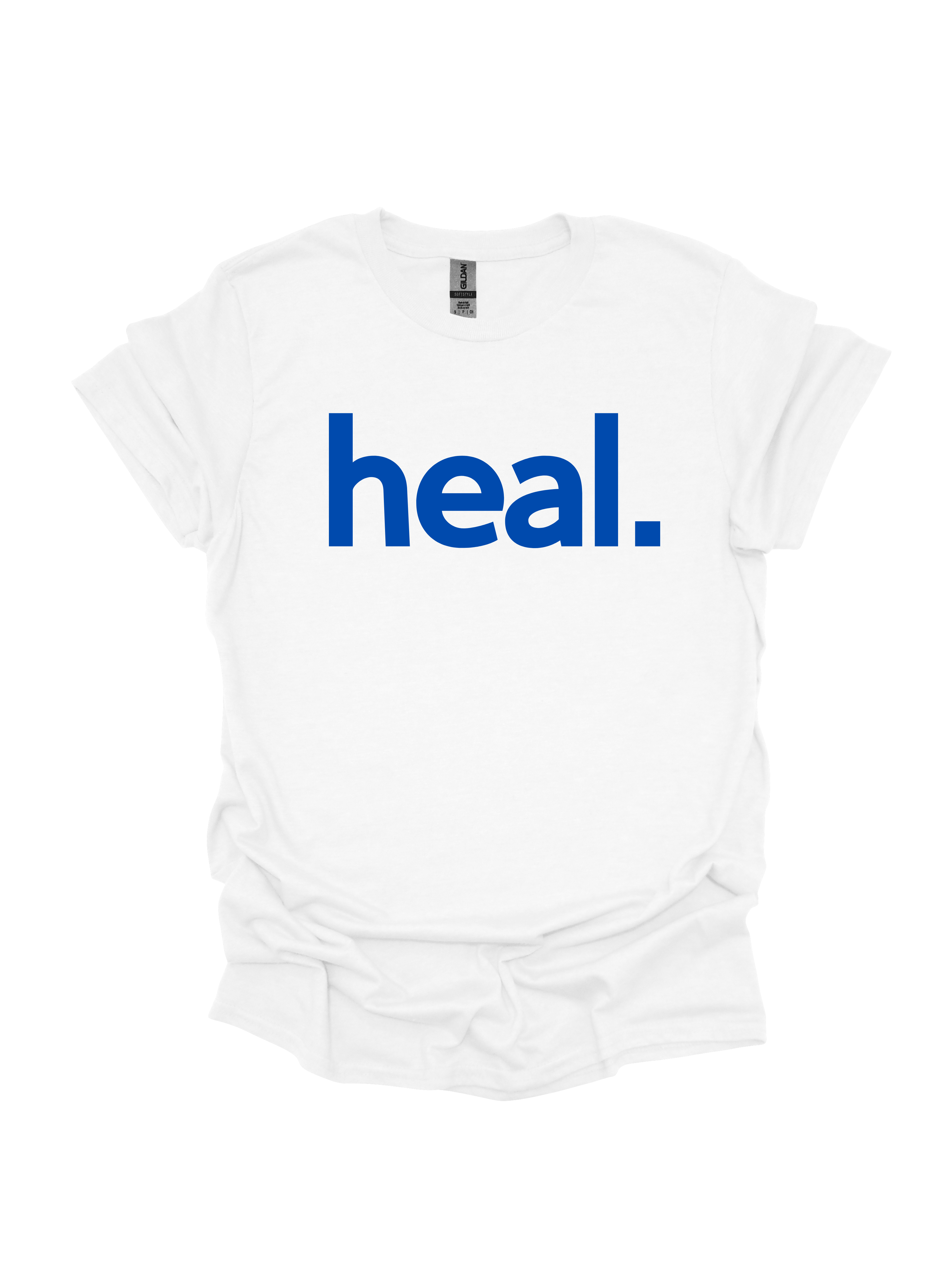 White t-shirt with 'heal.' printed in blue on a white background
