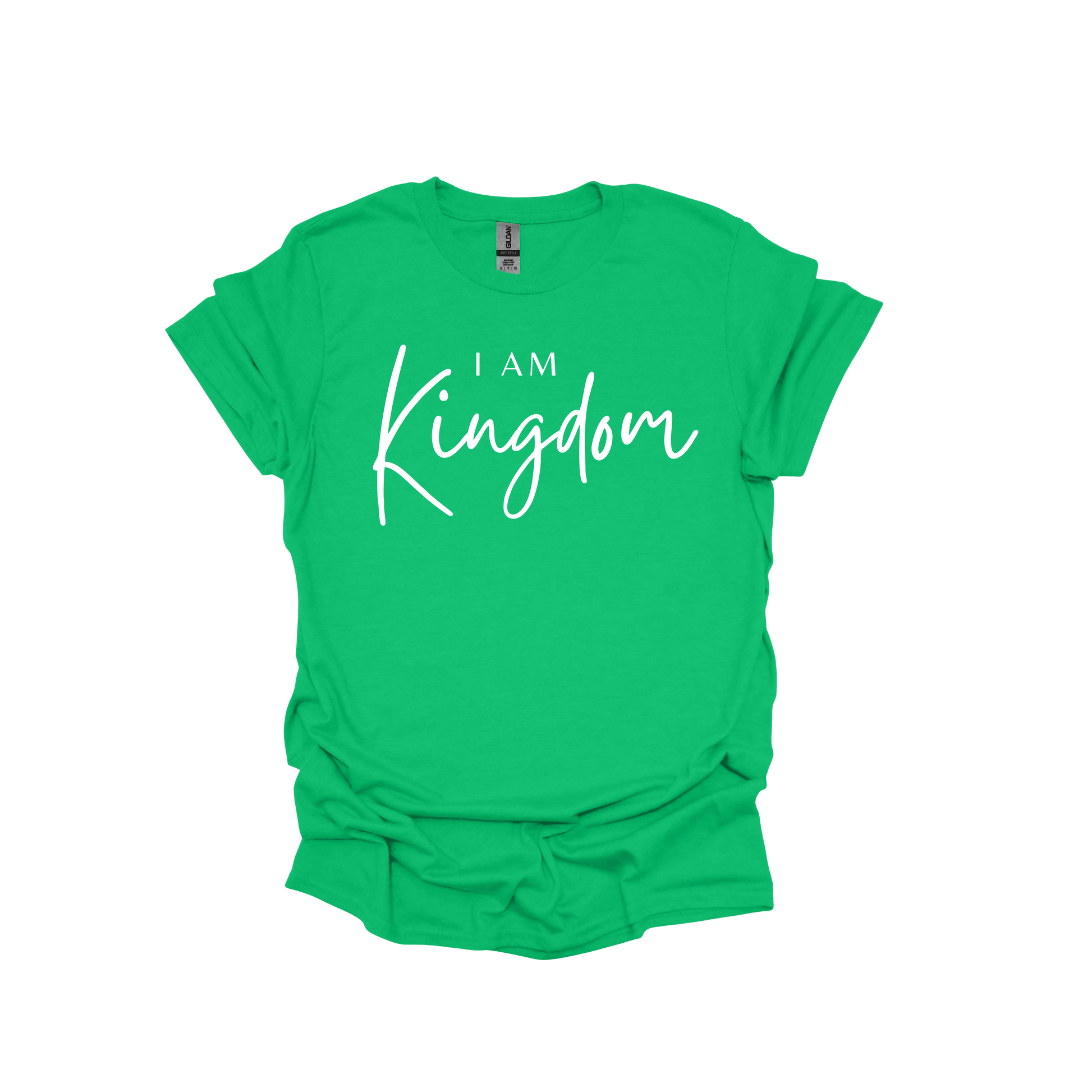 Green t-shirt with 'I AM Kingdom' text on a white background