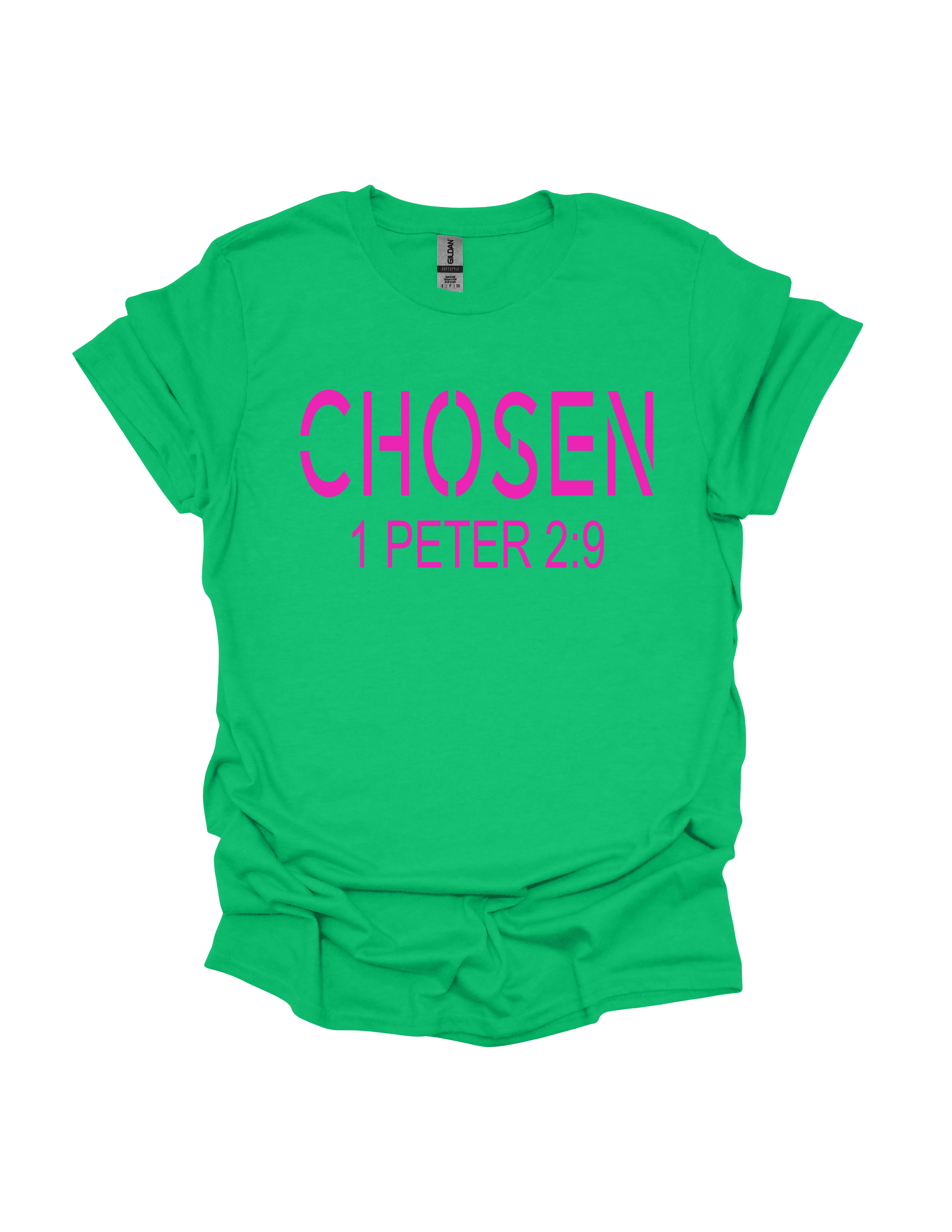 Green t-shirt with pink text 'CHosen 1 Peter 2:9' on a white background
