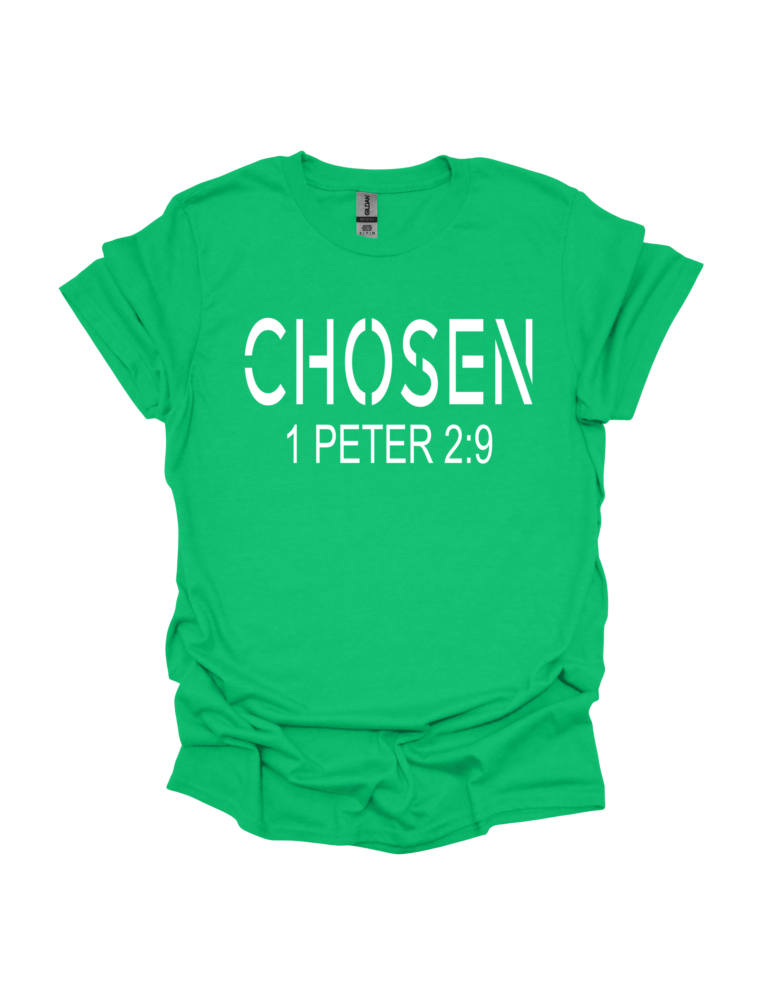 Chosen 1 Peter 2:9 Christian t-shirt in kelly green with white text - faith-based inspirational apparel