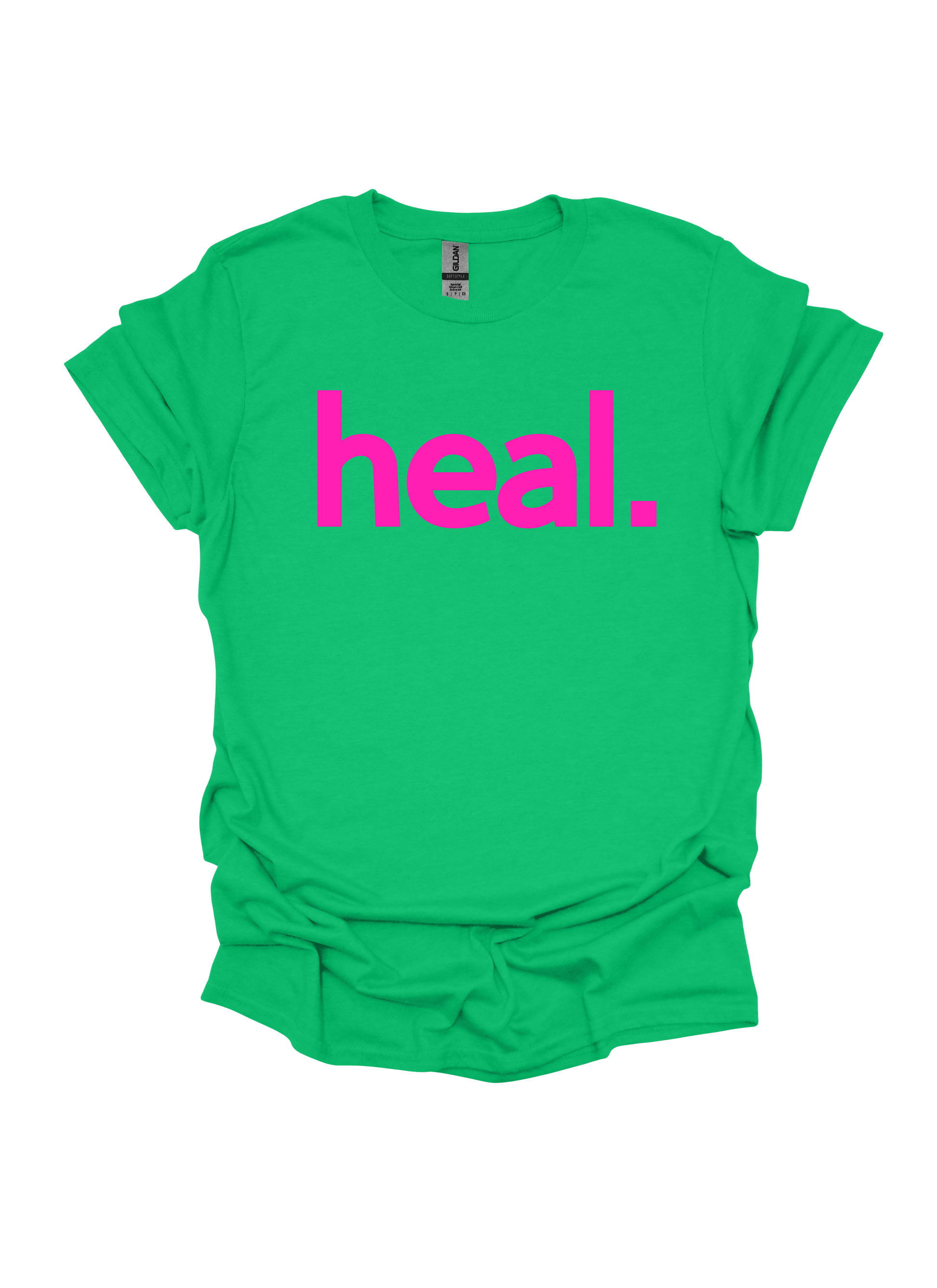 Green t-shirt with 'heal.' in pink on a white background