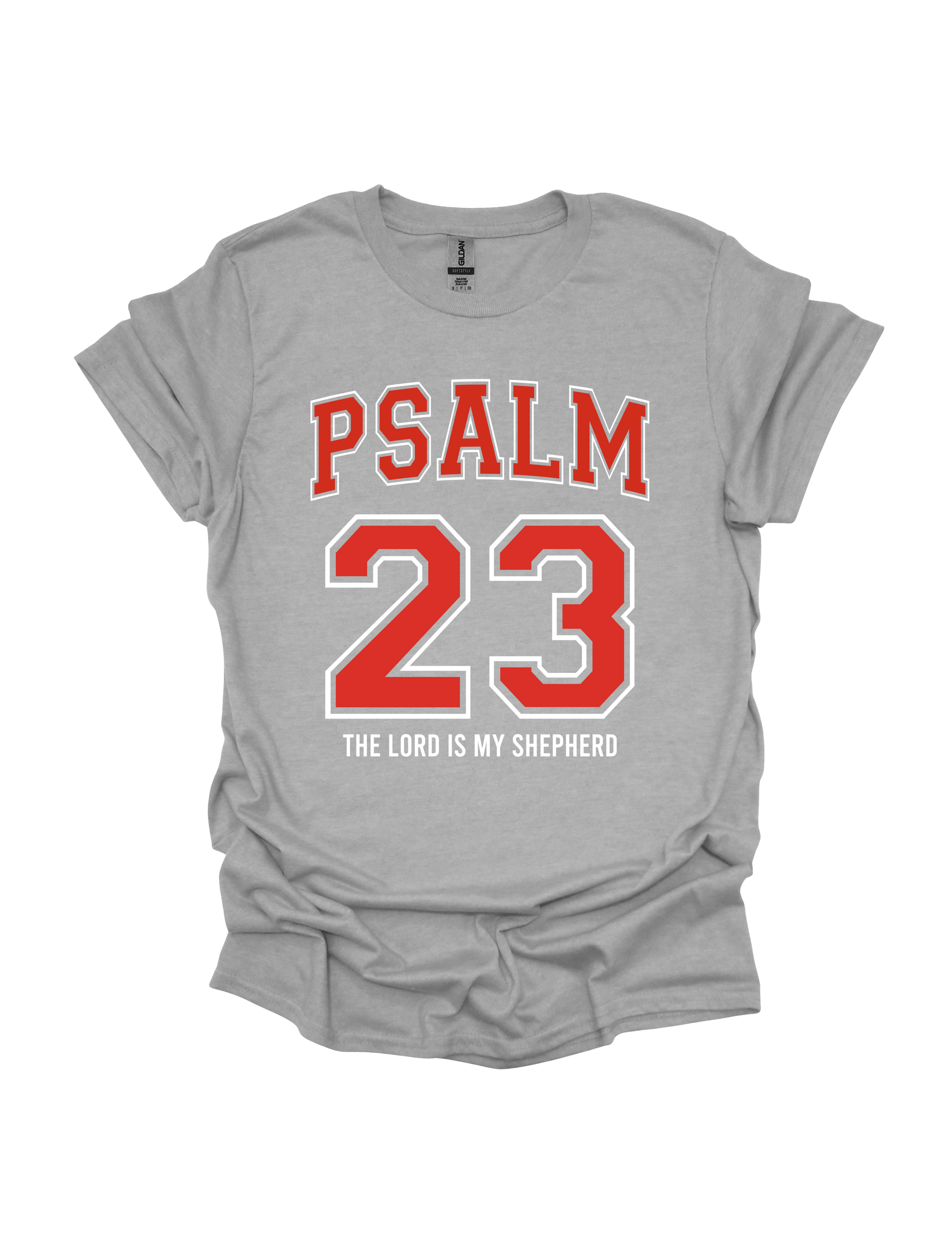 Gray t-shirt with 'Psalm 23' text in red and white on a white background