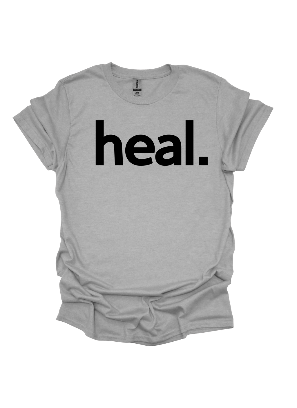 Gray t-shirt with 'heal.' text on a white background
