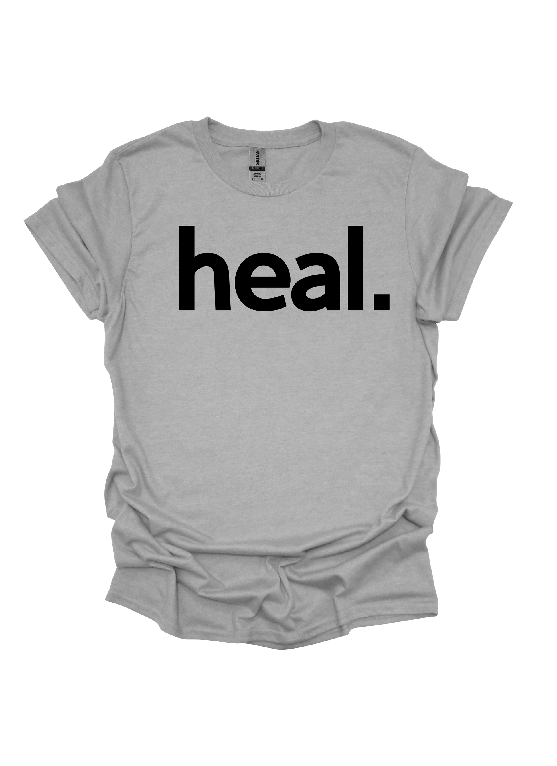 Gray t-shirt with 'heal.' text on a white background