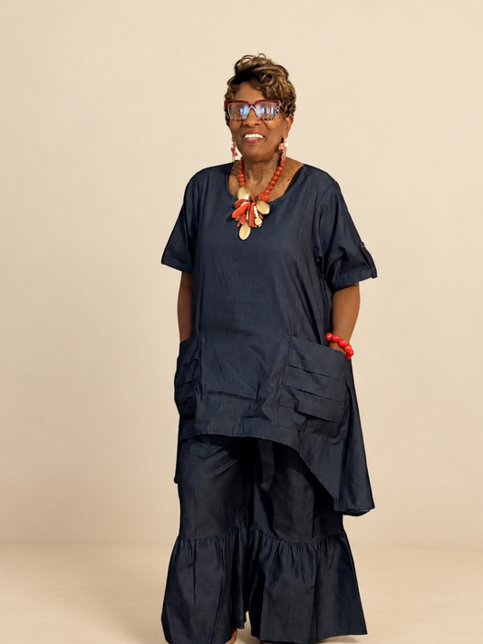 Denim High-Low Pocket Top & Wide-Leg Pants Set