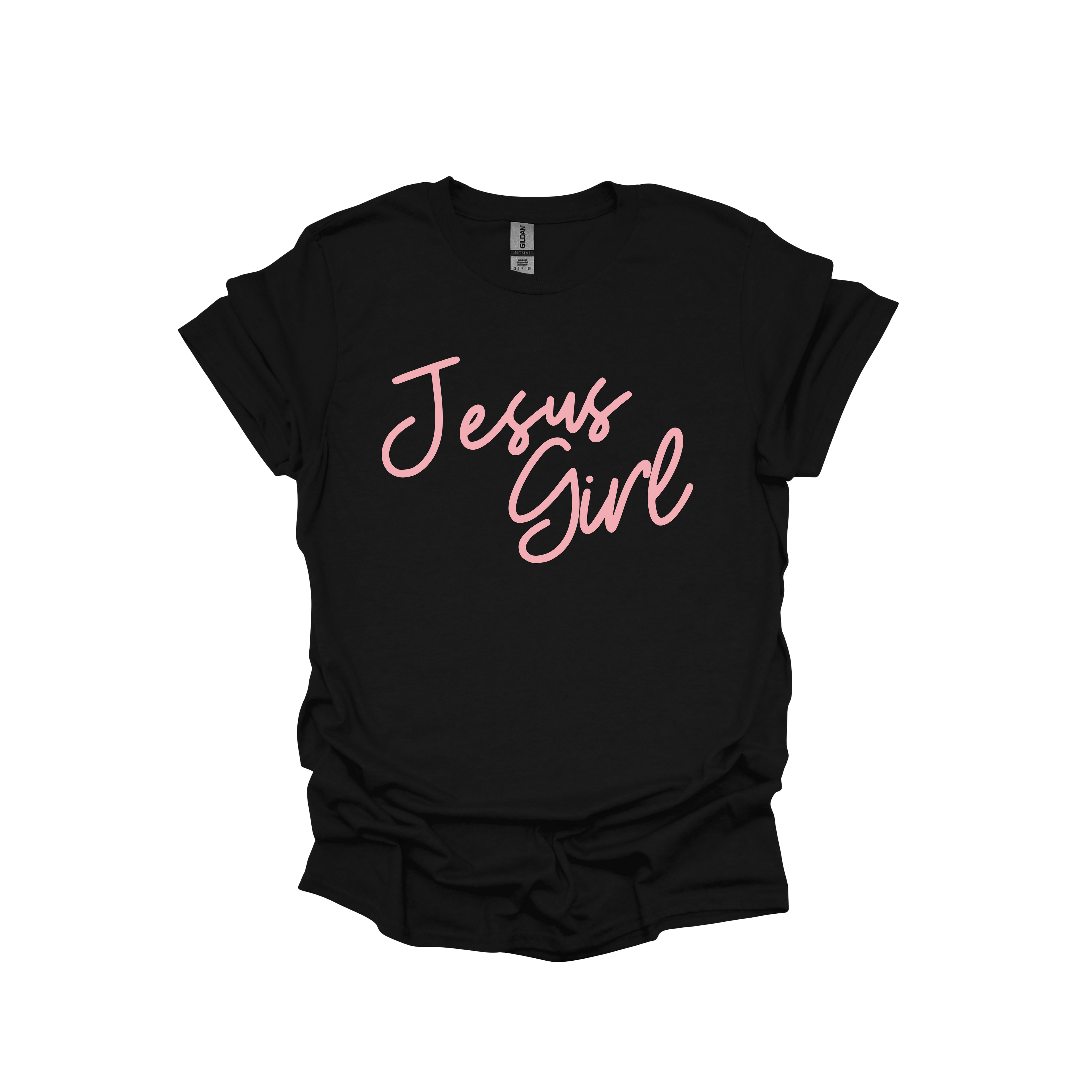 Black t-shirt with 'Jesus Girl' text in pink on a white background