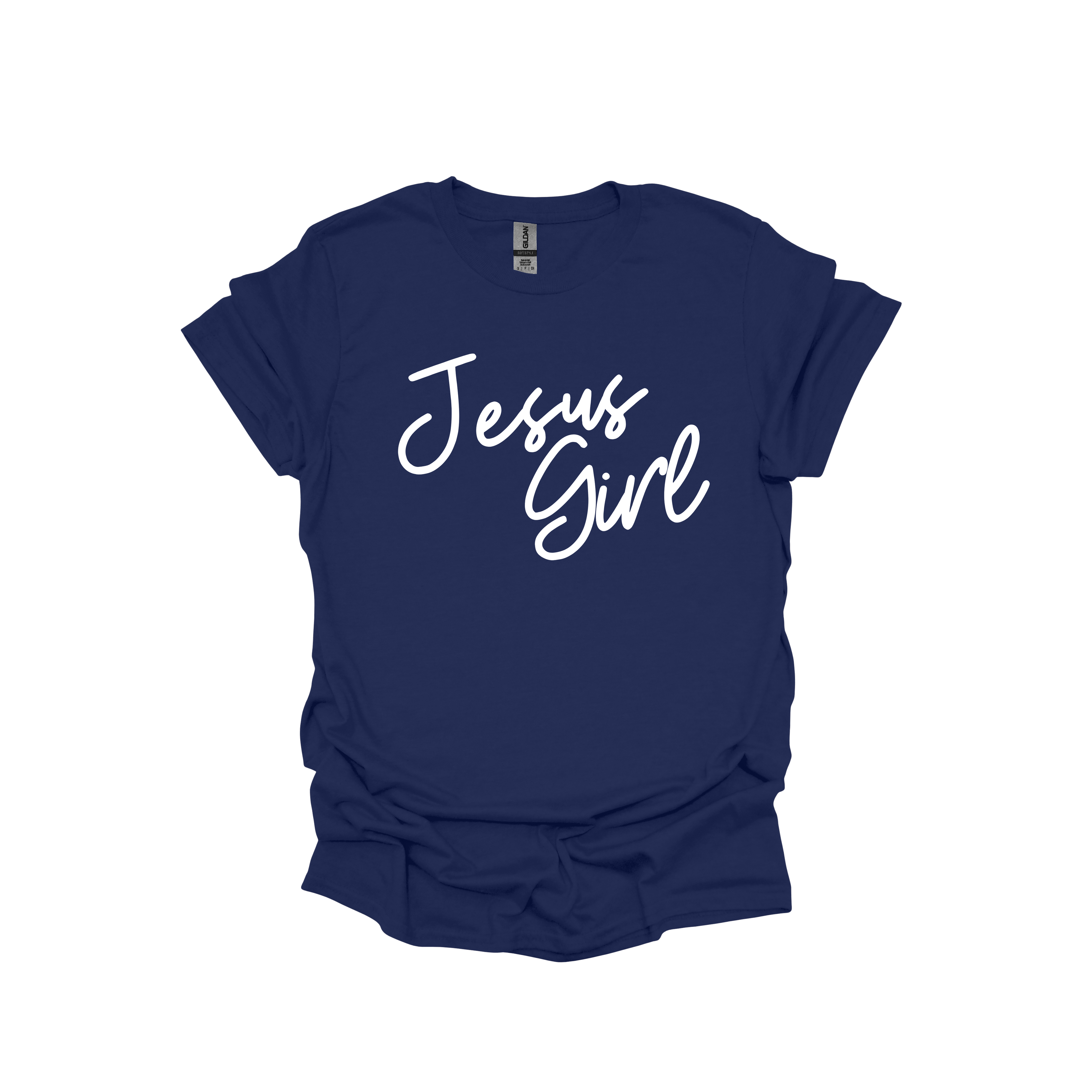 Navy blue t-shirt with 'Jesus Girl' text on a white background