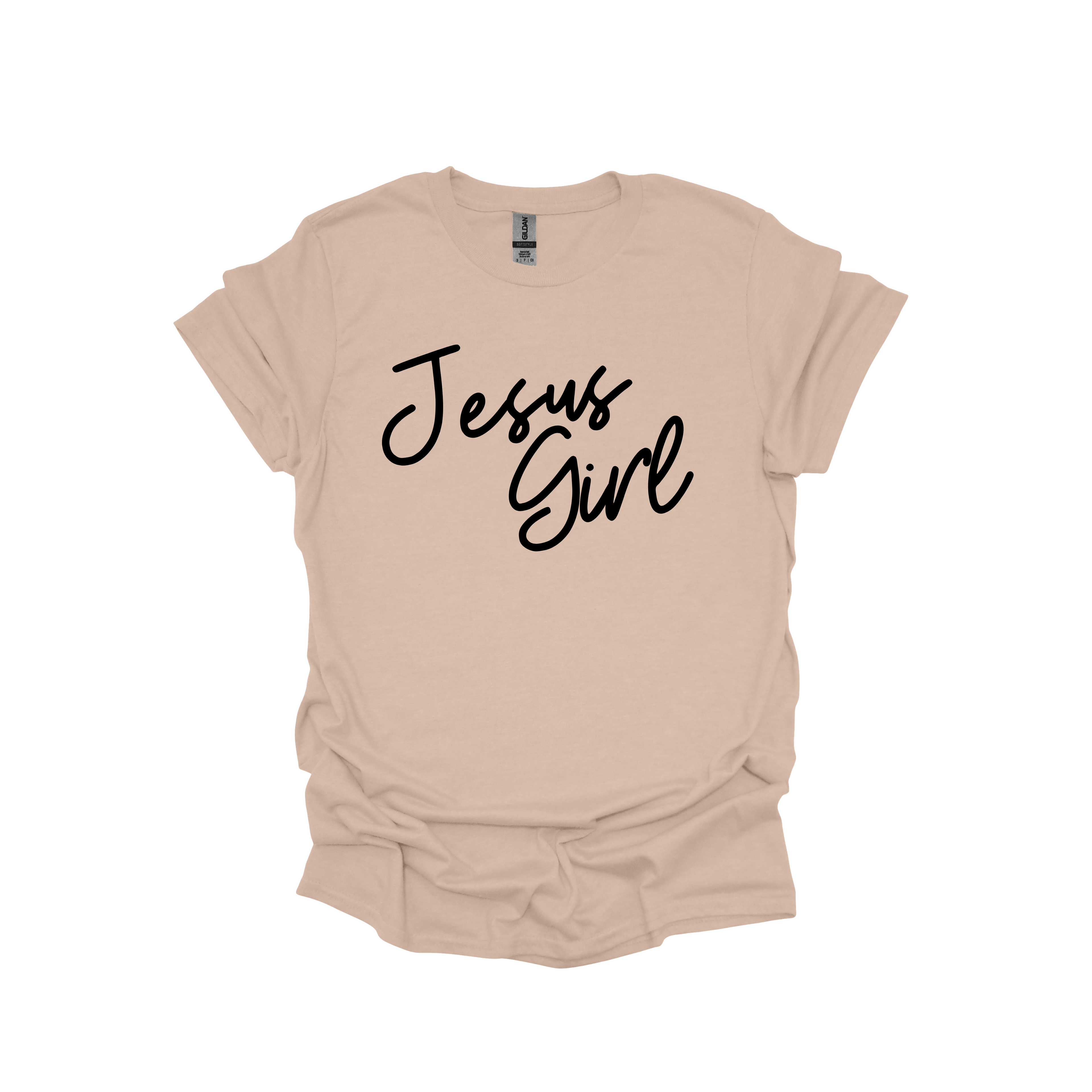 Sand t-shirt with 'Jesus Girl' text on a white background