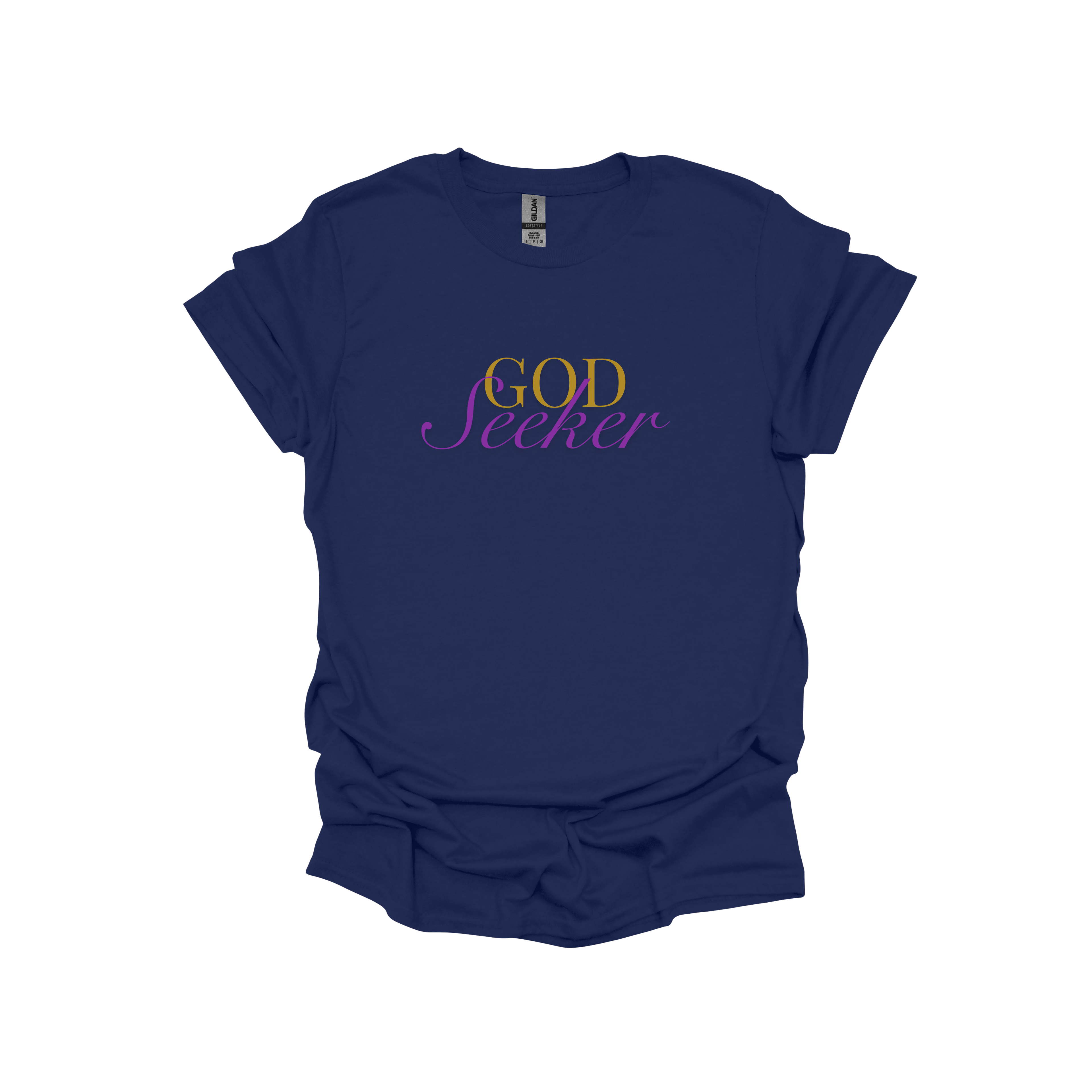 Navy blue t-shirt with 'GOD Seeker' text on a white background
