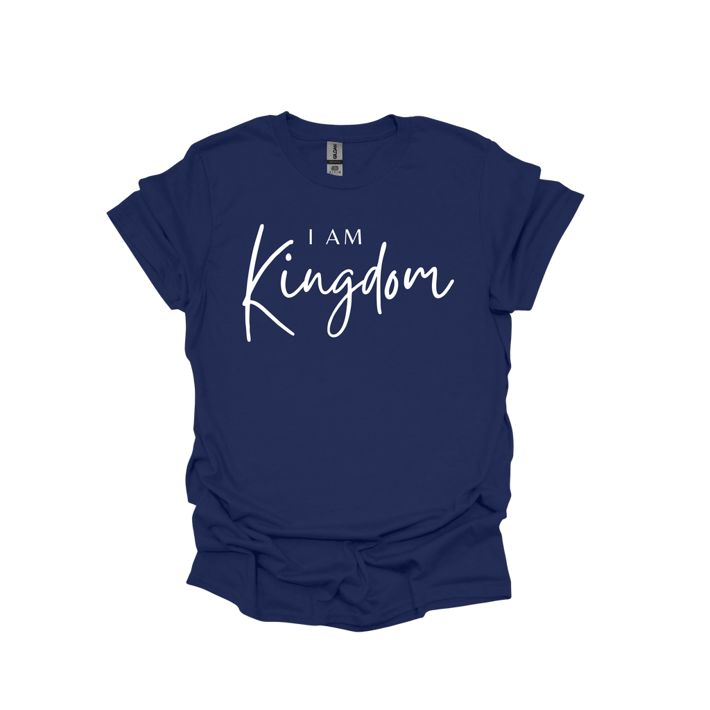 Navy blue t-shirt with 'I AM Kingdom' text on a white background