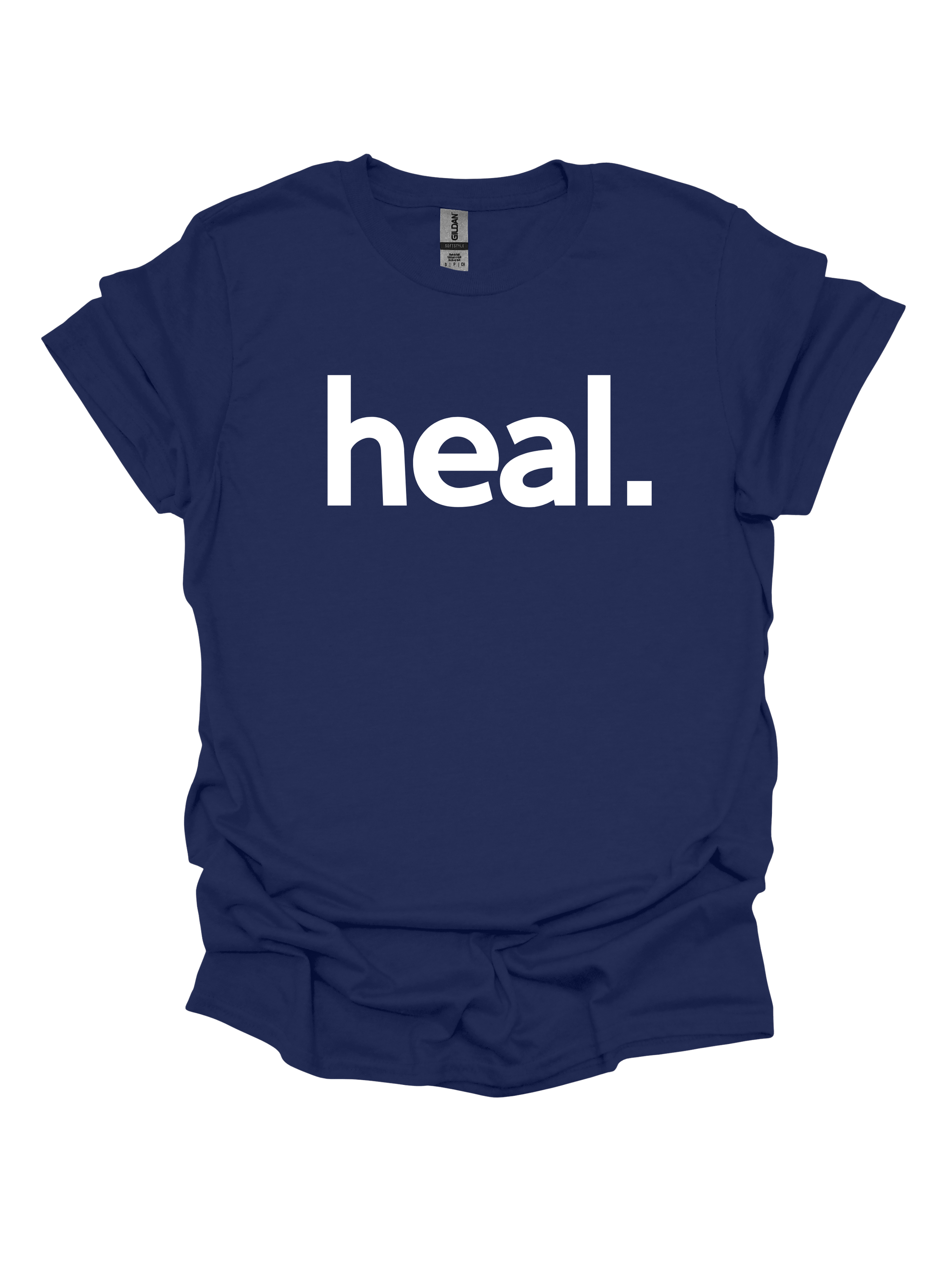 Navy blue t-shirt with 'heal.' printed in white on a white background