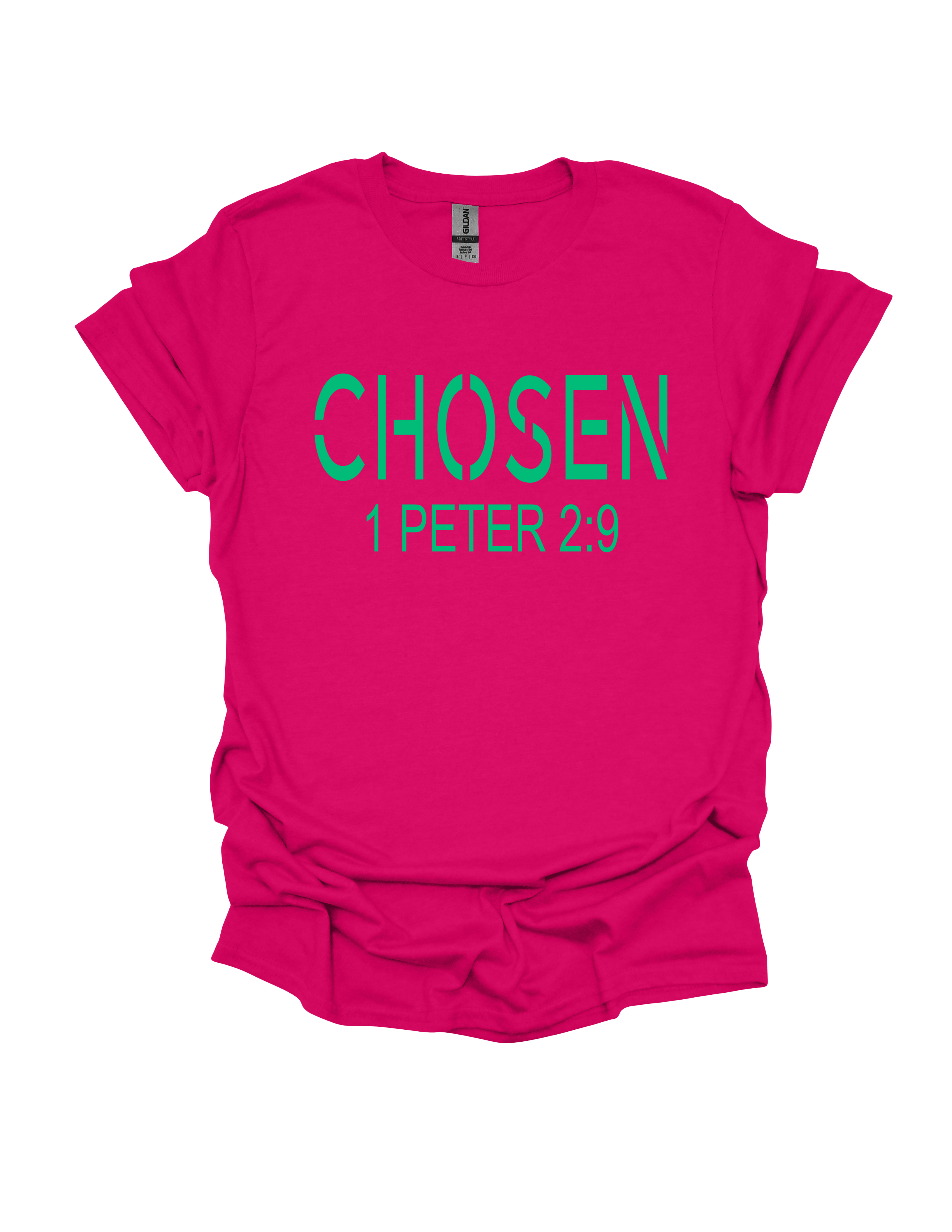 Pink t-shirt with 'CHosen 1 Peter 2:9' text in green on a white background