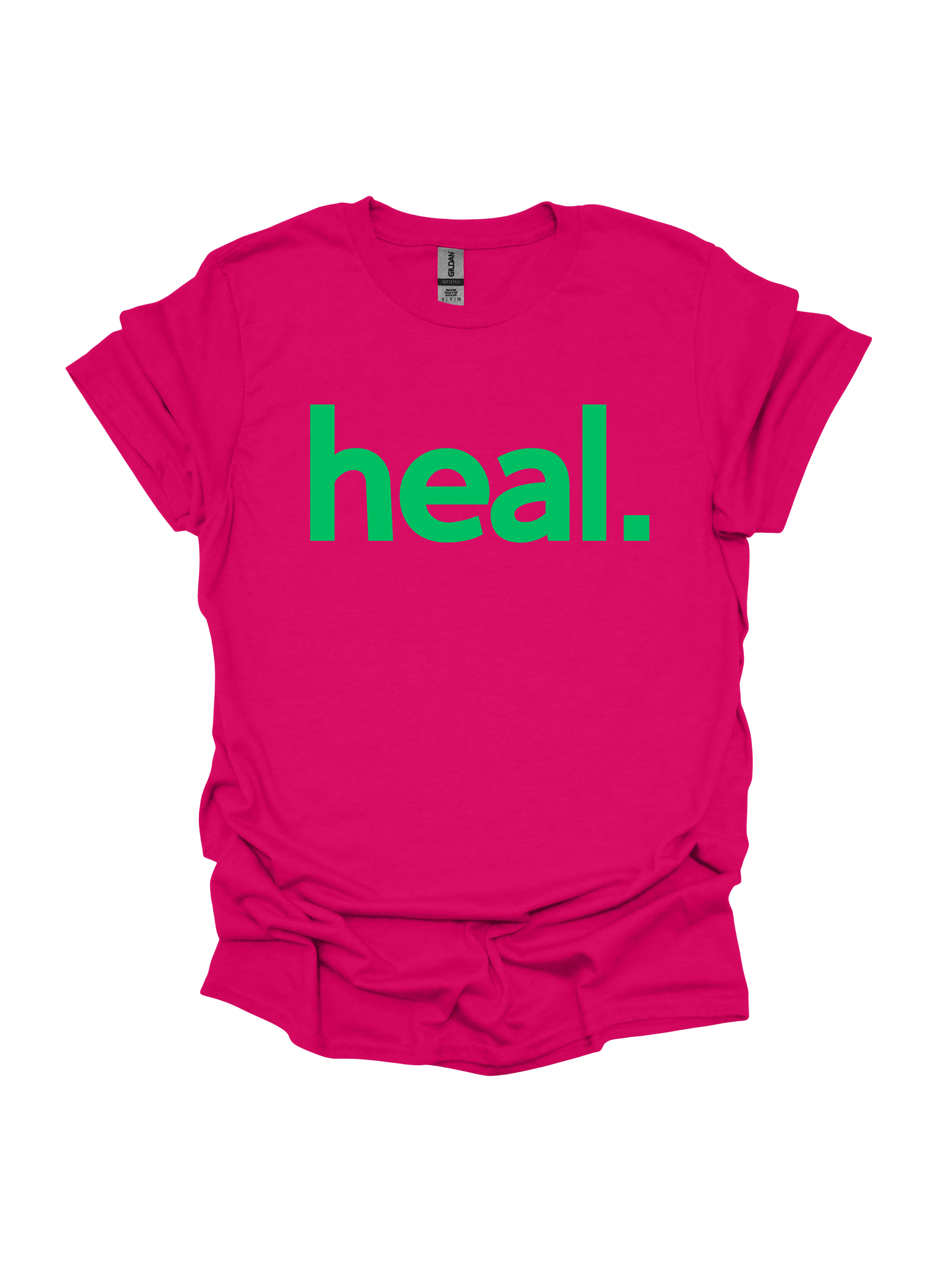 Pink t-shirt with 'heal.' in green on a white background