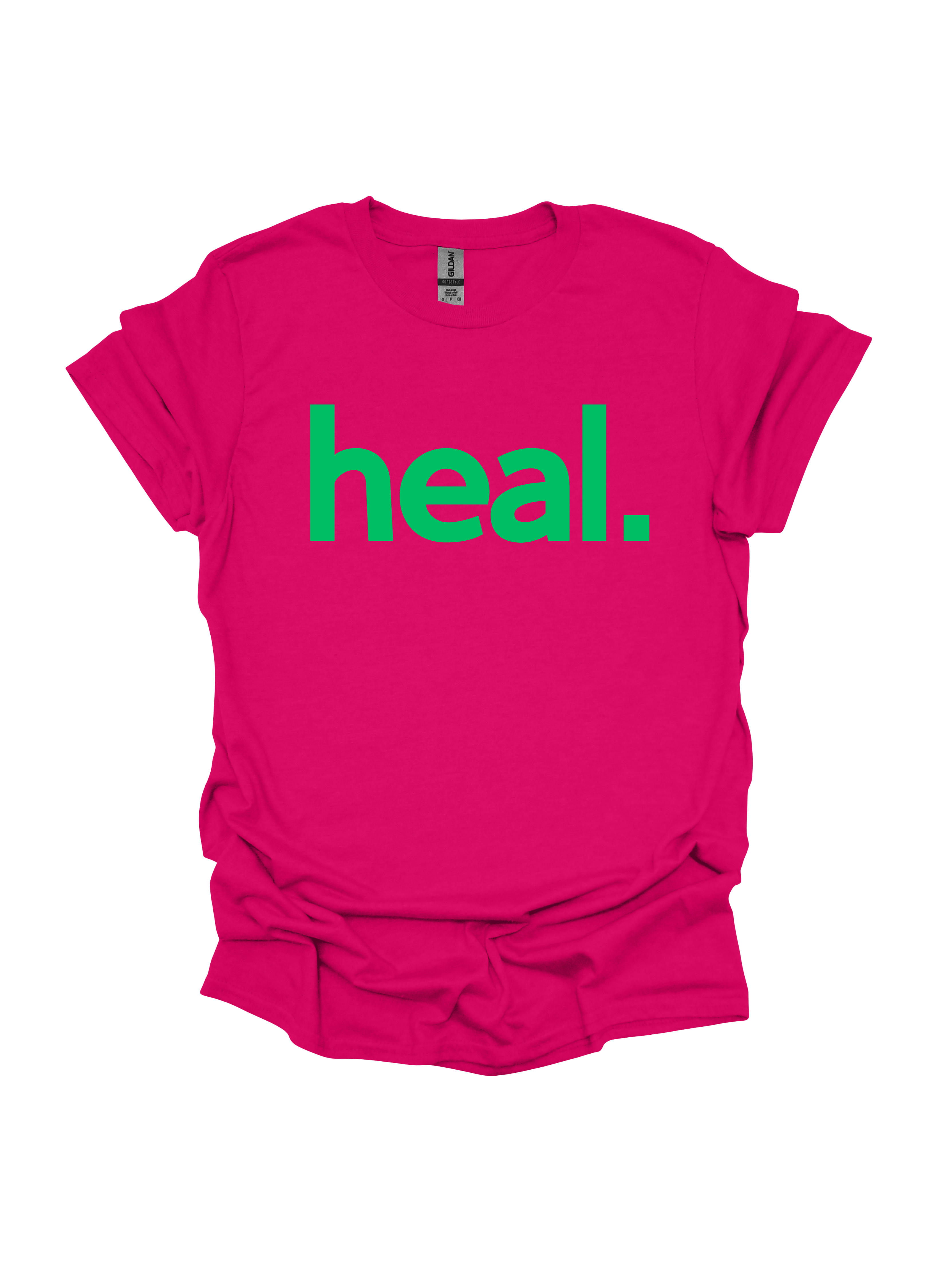 Pink t-shirt with 'heal.' in green on a white background