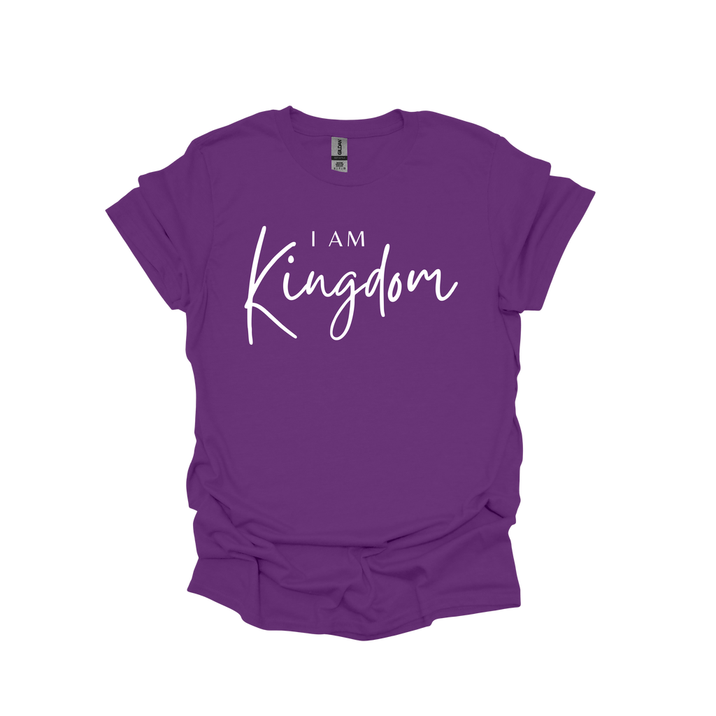 Purple t-shirt with 'I AM Kingdom' text on a white background