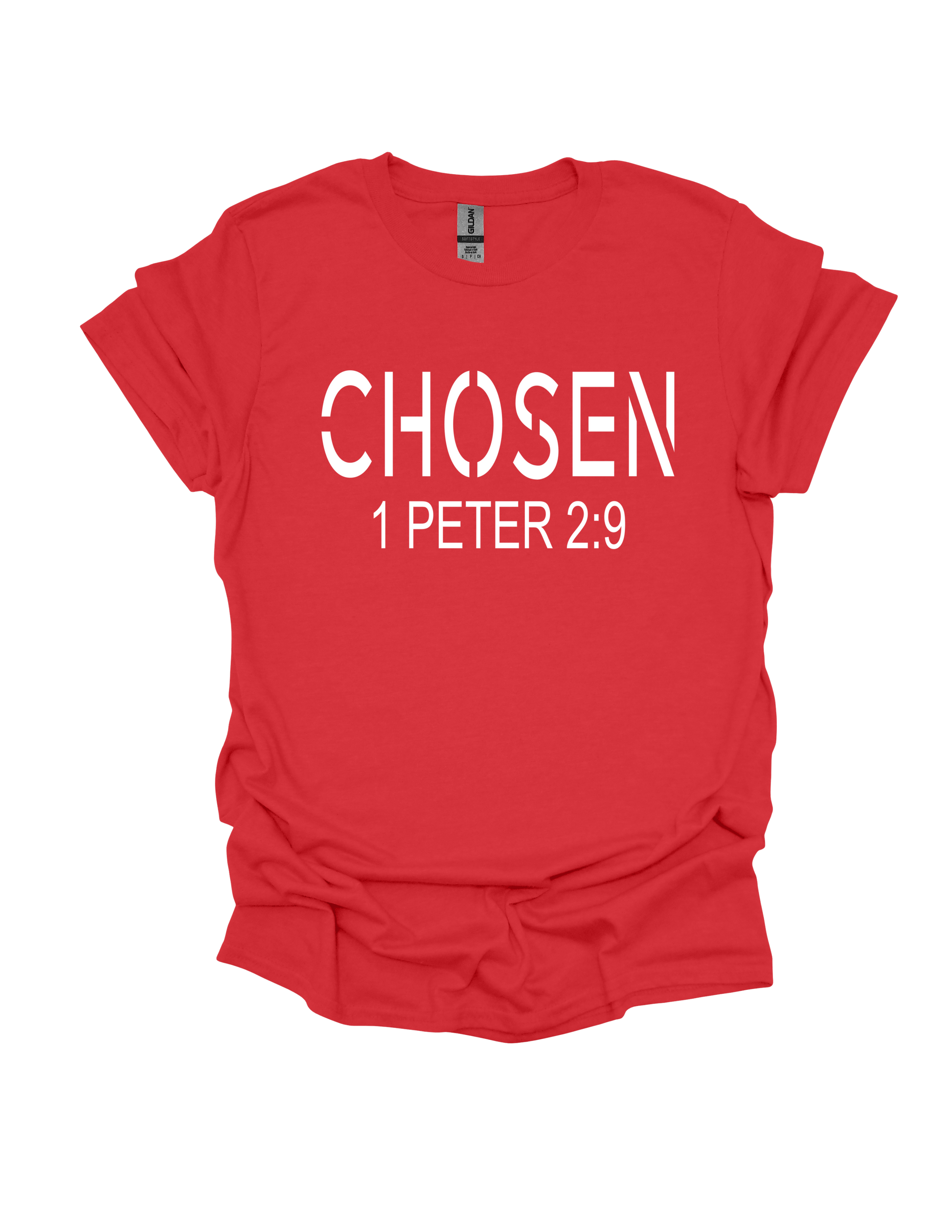 Chosen 1 Peter 2:9 Christian t-shirt in red with white text - faith-based inspirational apparel