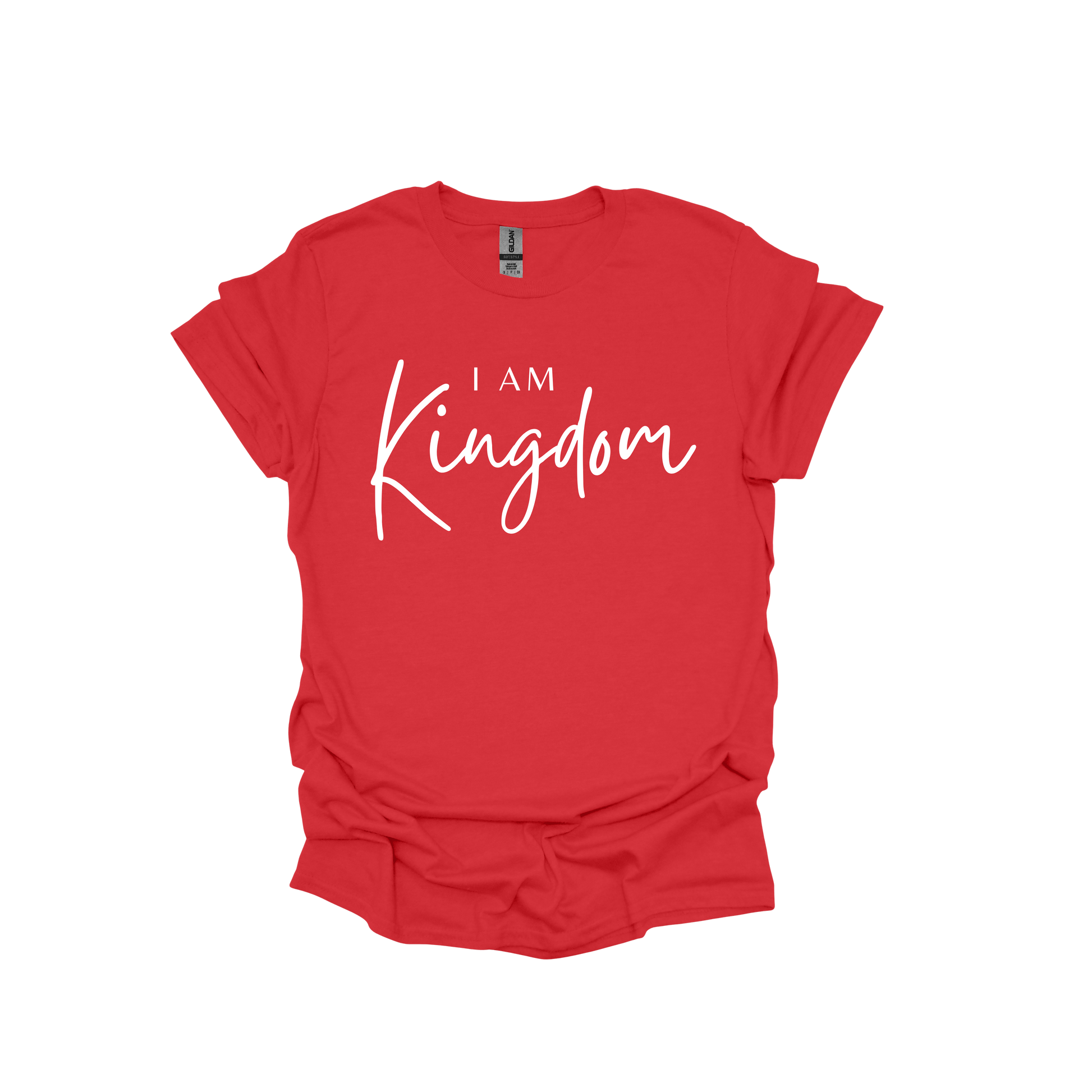 Red t-shirt with 'I AM Kingdom' text on a white background