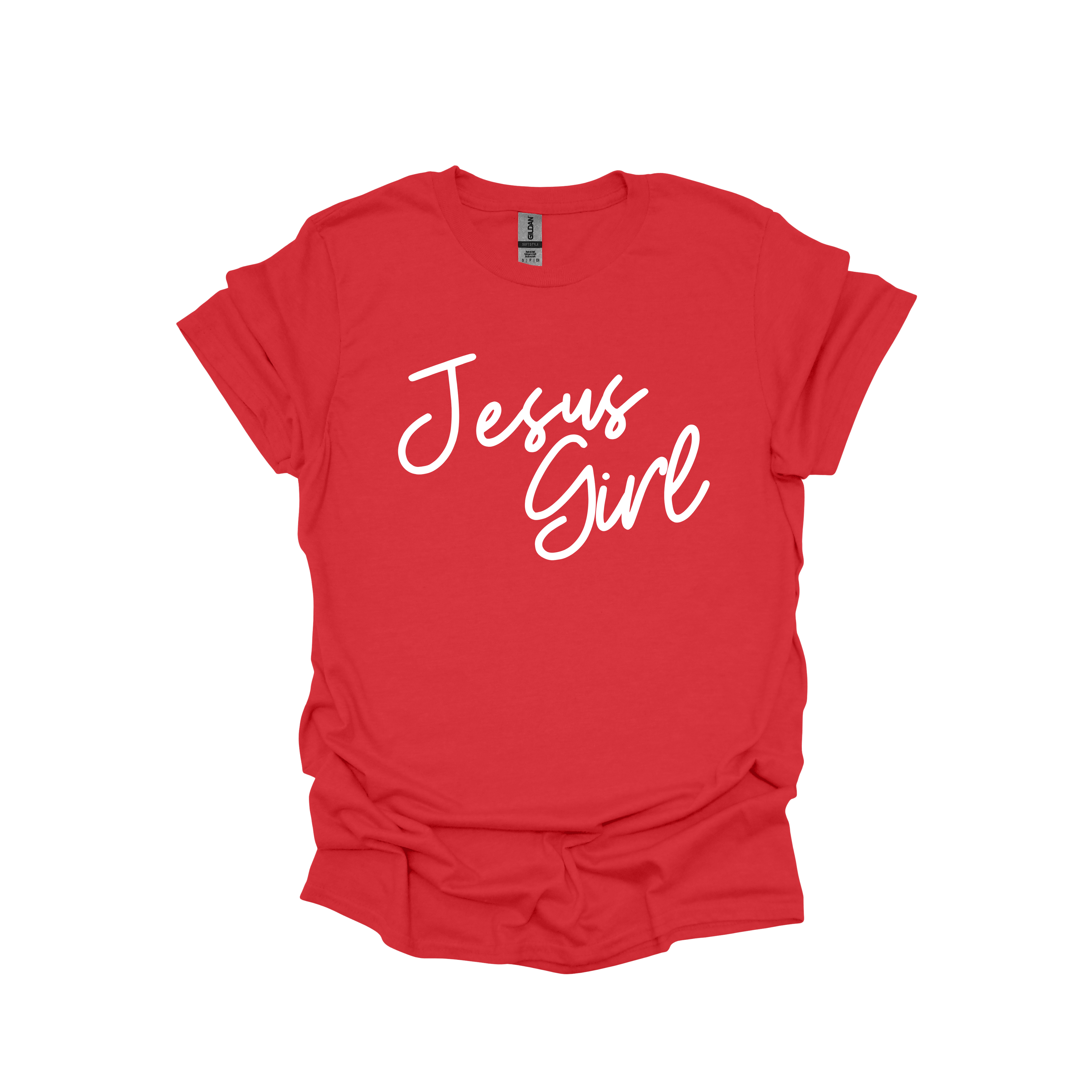 Red t-shirt with 'Jesus Girl' text on a white background