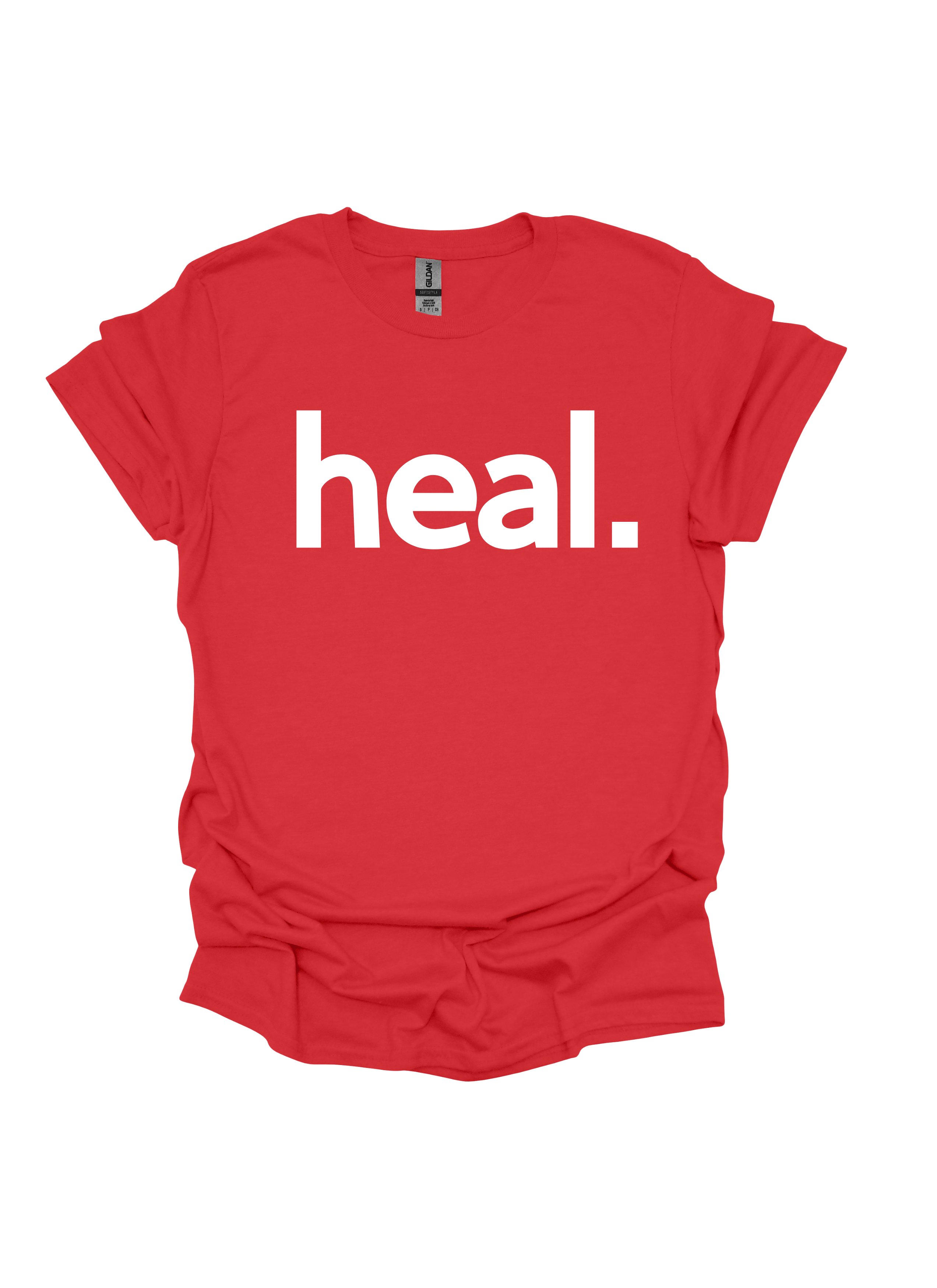 Red t-shirt with 'heal.' printed on it against a white background