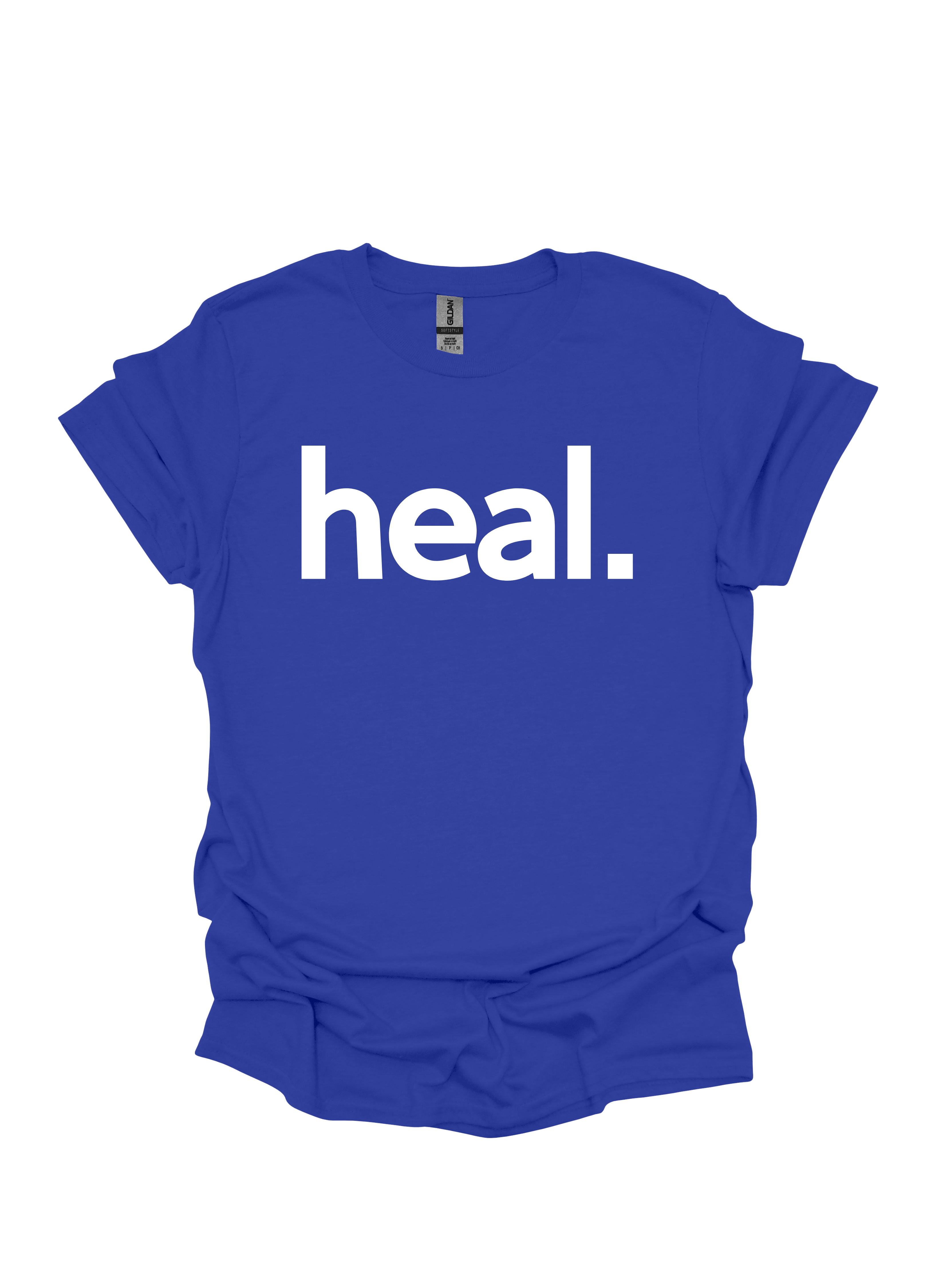 Blue t-shirt with 'heal.' printed on it against a white background