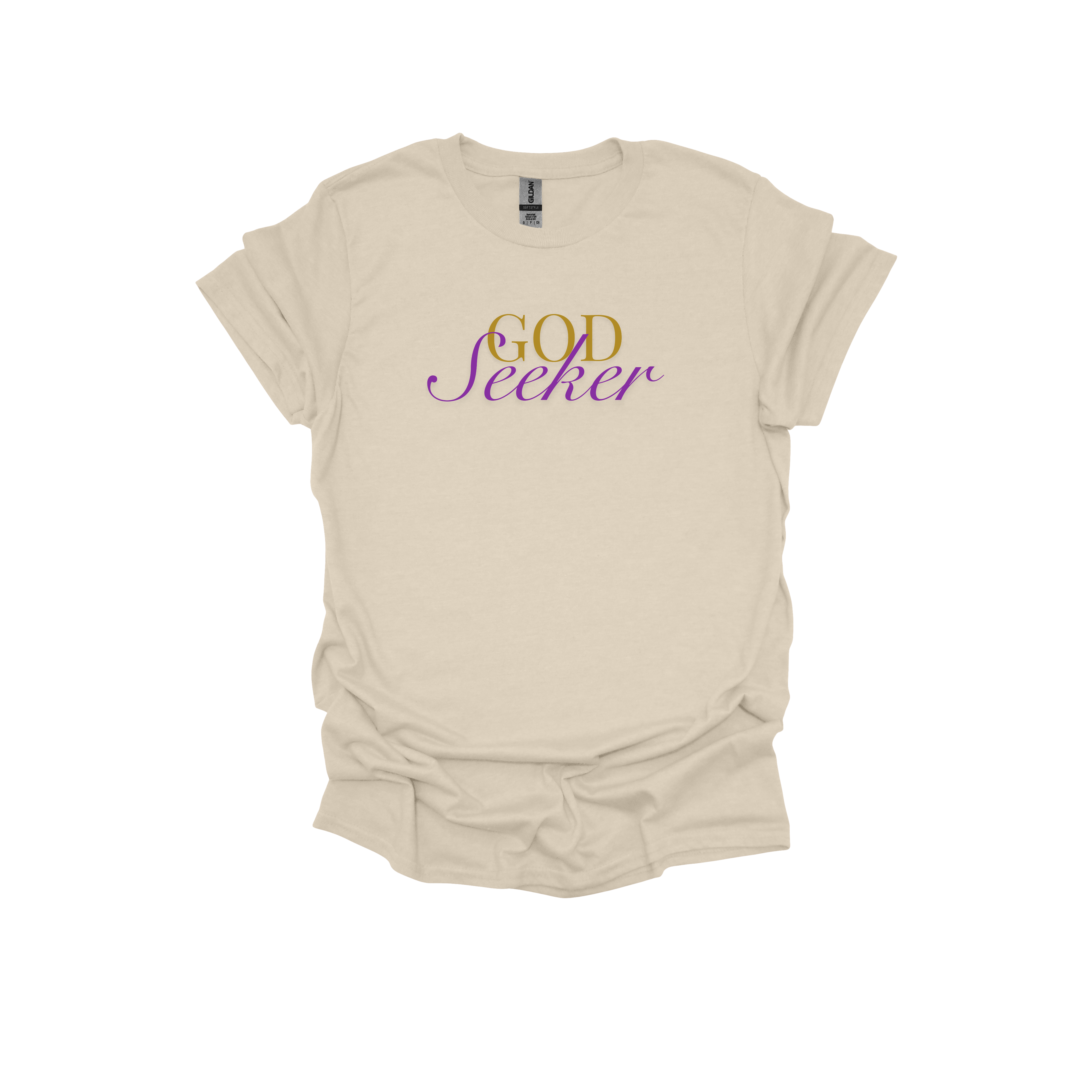 Beige t-shirt with 'God Seeker' text on a white background