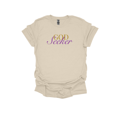 Beige t-shirt with 'God Seeker' text on a white background