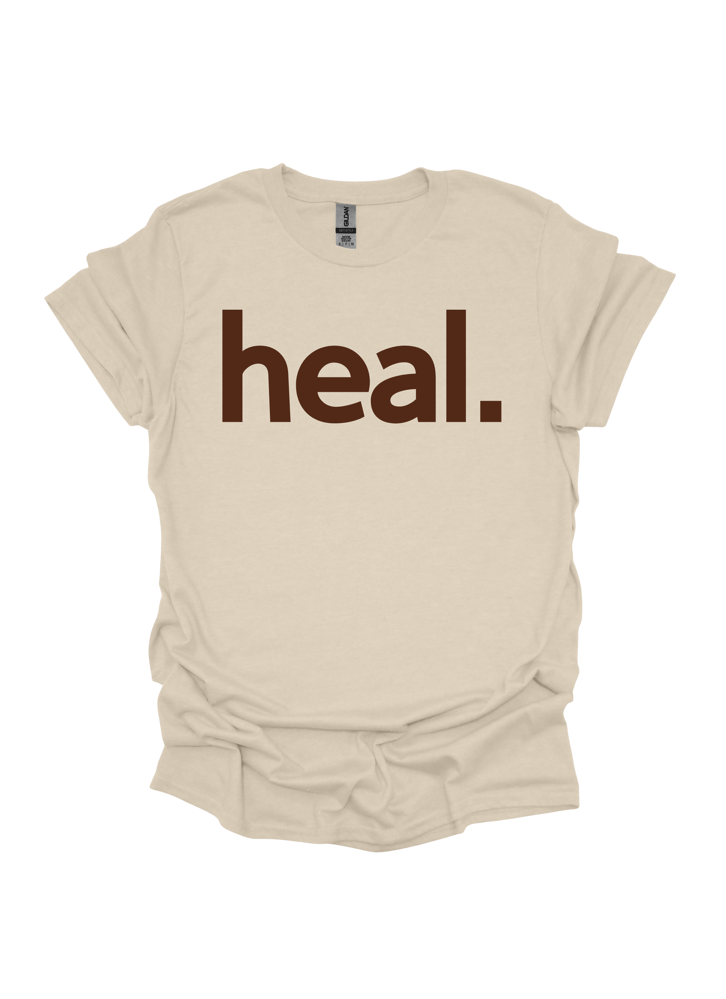 Sand t-shirt with 'heal.' printed in brown on a white background