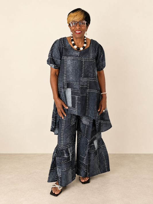 Denim Patchwork Print Two-Piece Pants Set