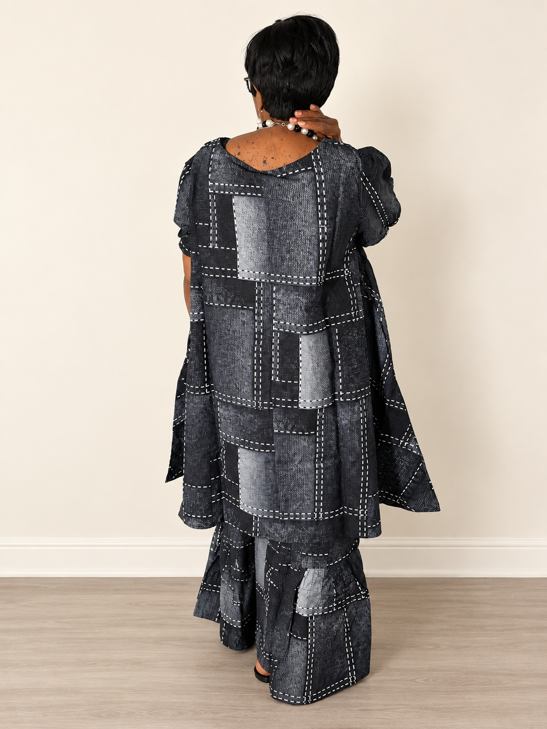 Denim Patchwork Print Two-Piece Pants Set