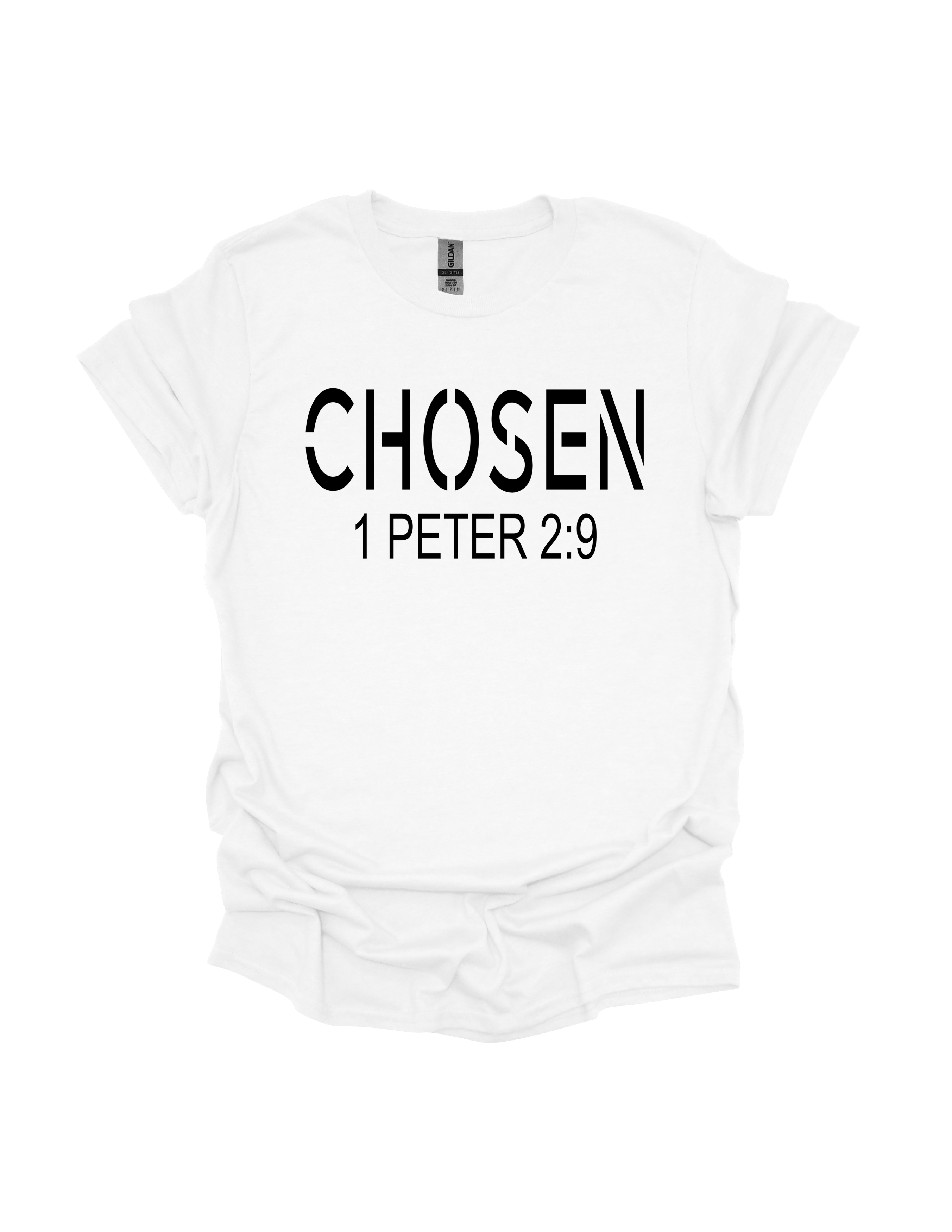 Chosen 1 Peter 2:9 Christian t-shirt in white with black text - faith-based inspirational apparel